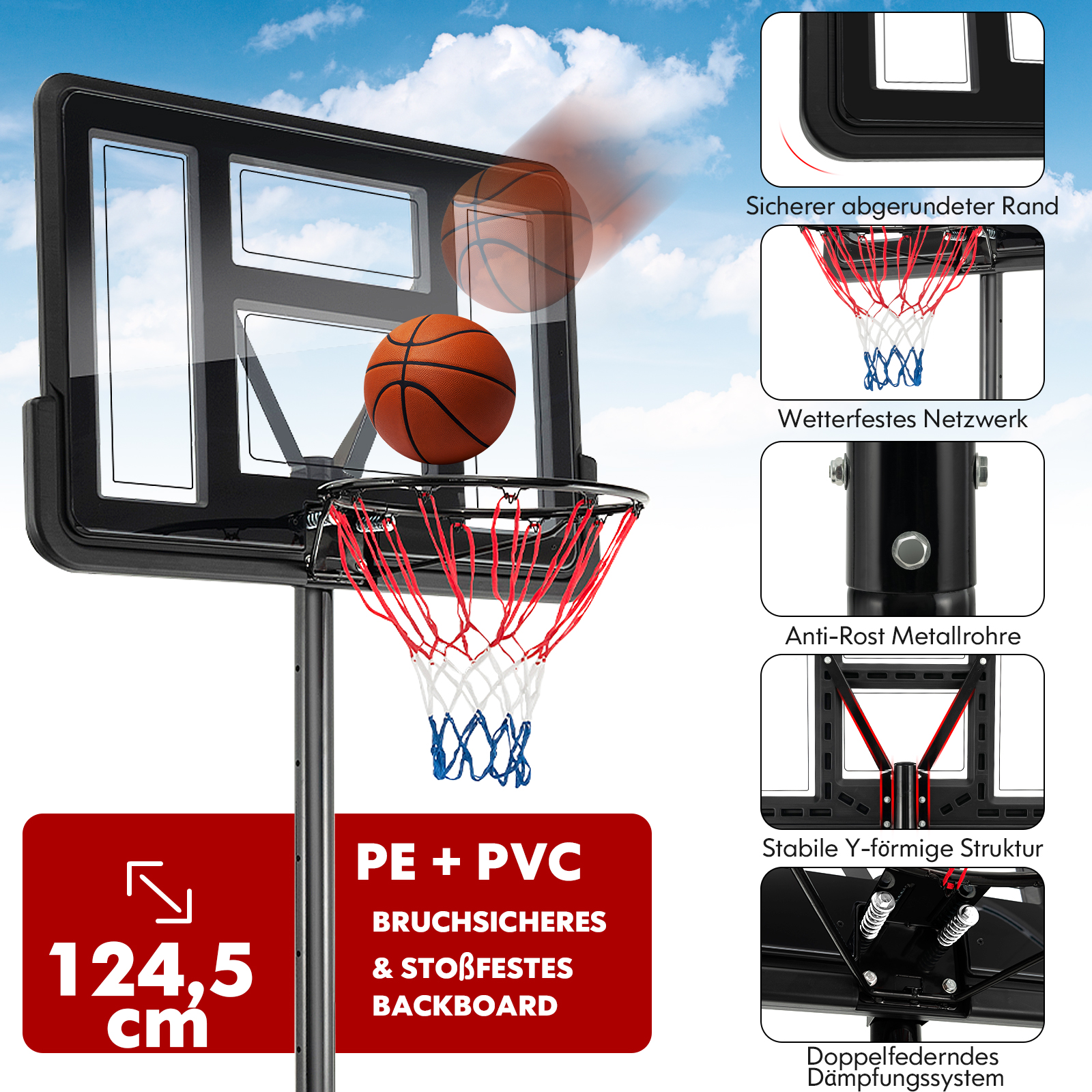 Basketballkorb mit Ball in der Luft, Diagramme der Teile und Funktionen.