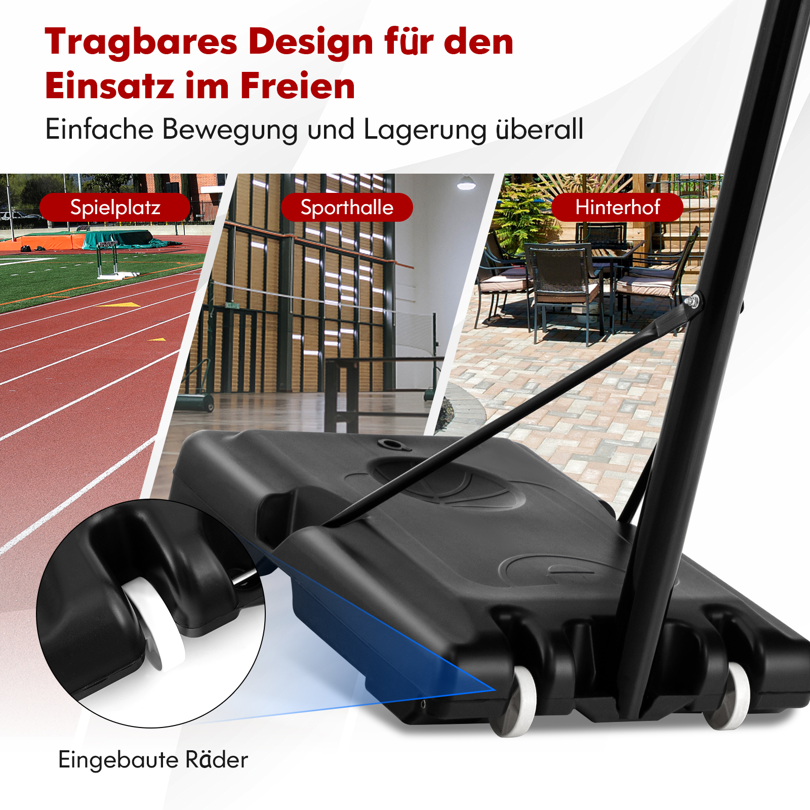 Schwarze Basketballkorbbasis mit Rädern, Text oben: Tragbares Design für den Einsatz im Freien.