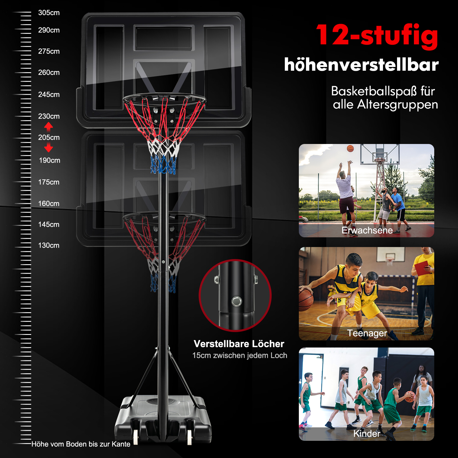 Basketballkorb mit verstellbarer Höhe, mit Szenen von Basketballspielern.