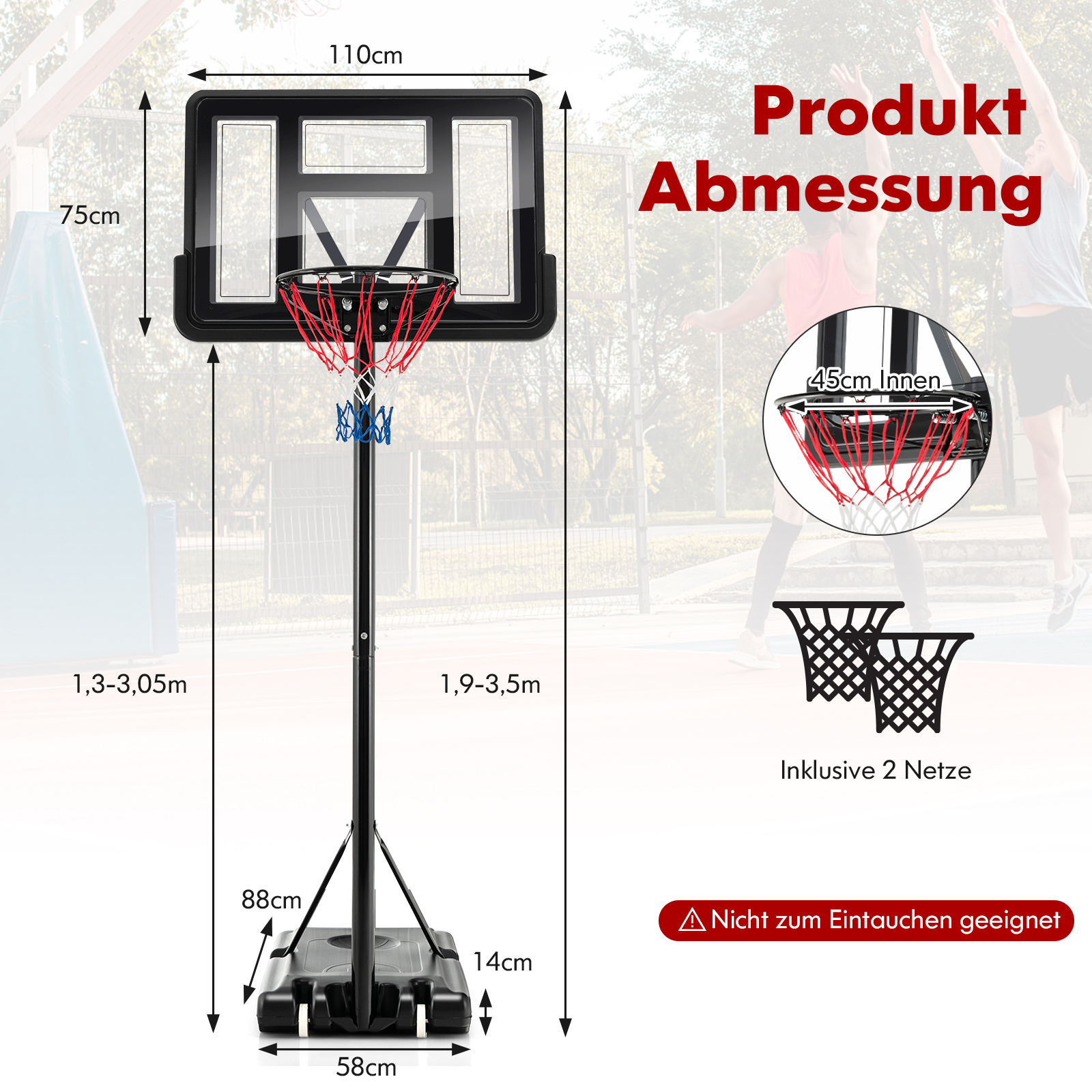 Schwarzer Basketballkorb mit Netz, Abmessungen und Text, mit spielender Person.