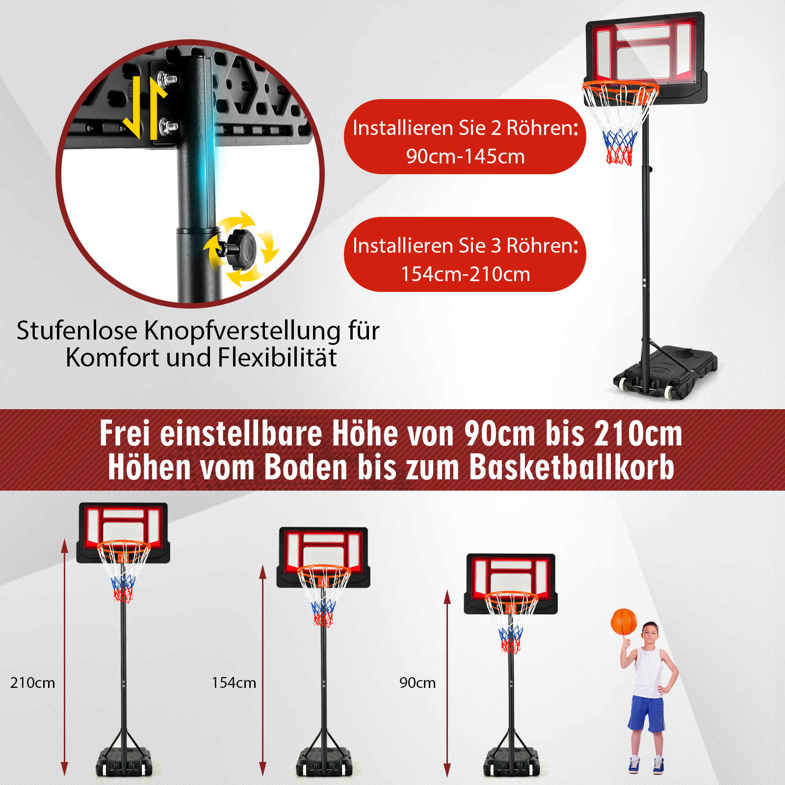 Basketballkorb-Set mit höhenverstellbarkeit und Text in Deutsch. Mehrere Höhenoptionen gezeigt.