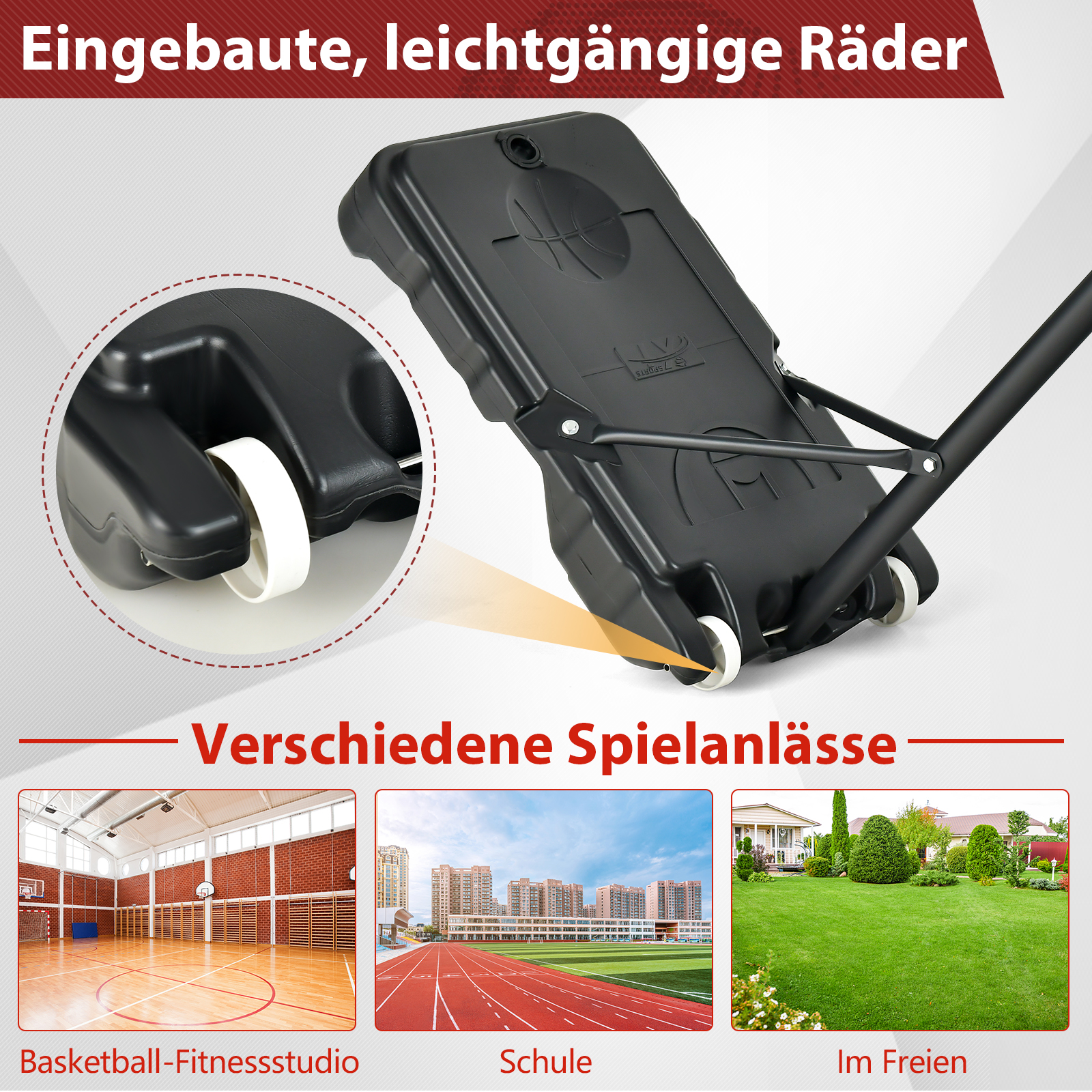 Basketballkorb mit Rädern, mit Bildern verschiedener Spielbereiche.
