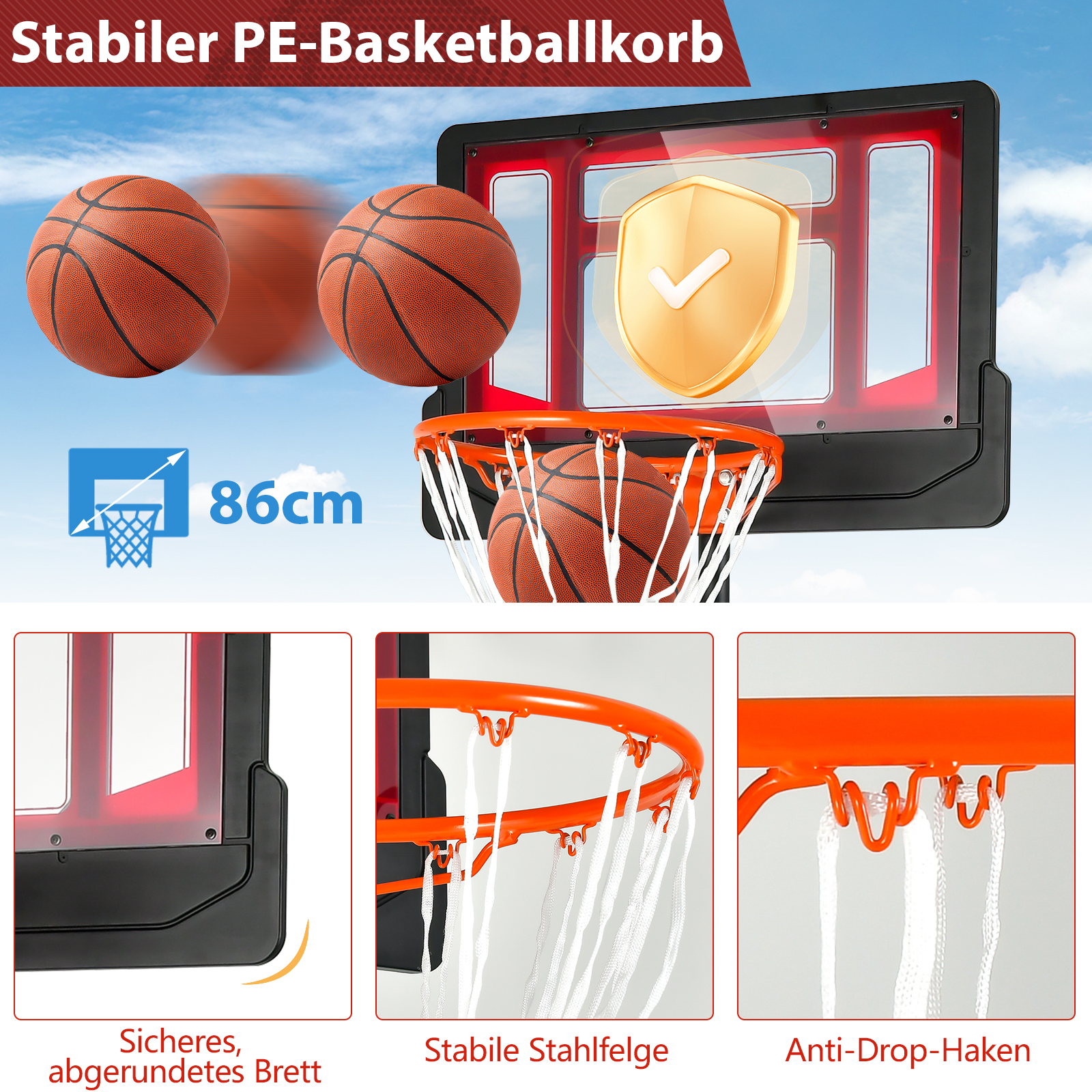 Basketballkorb und Bälle, mit Diagramm. Oranger Reifen, Rückwand und Bälle, mit zusätzlichen Details.
