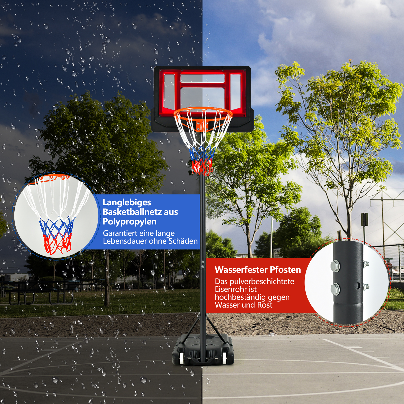 Basketballkorb mit rotem Netz und schwarzem Sockel, bei Regen und sonnigem Wetter.