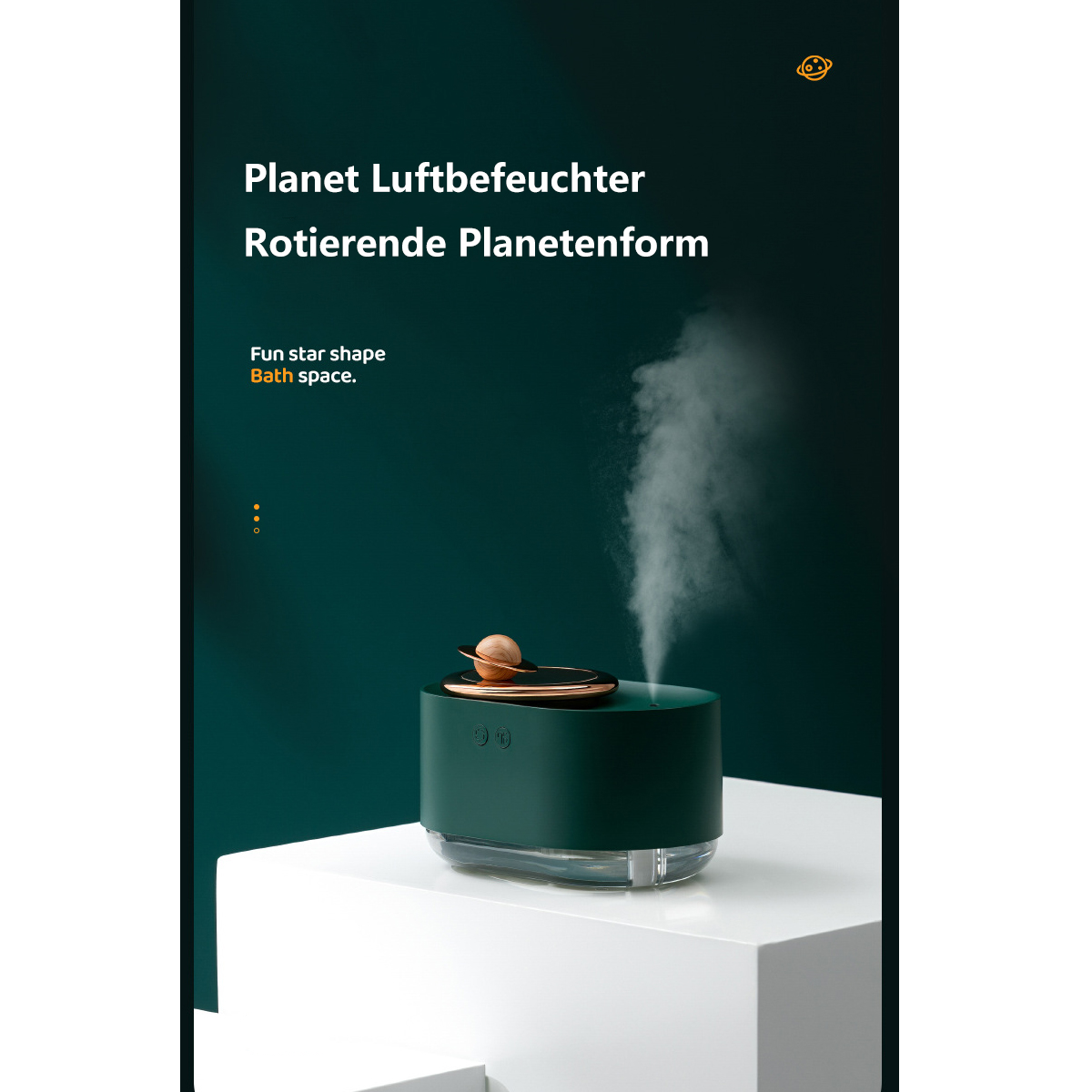 Humidificador verde con parte superior marrón en forma de planeta, superficie blanca.