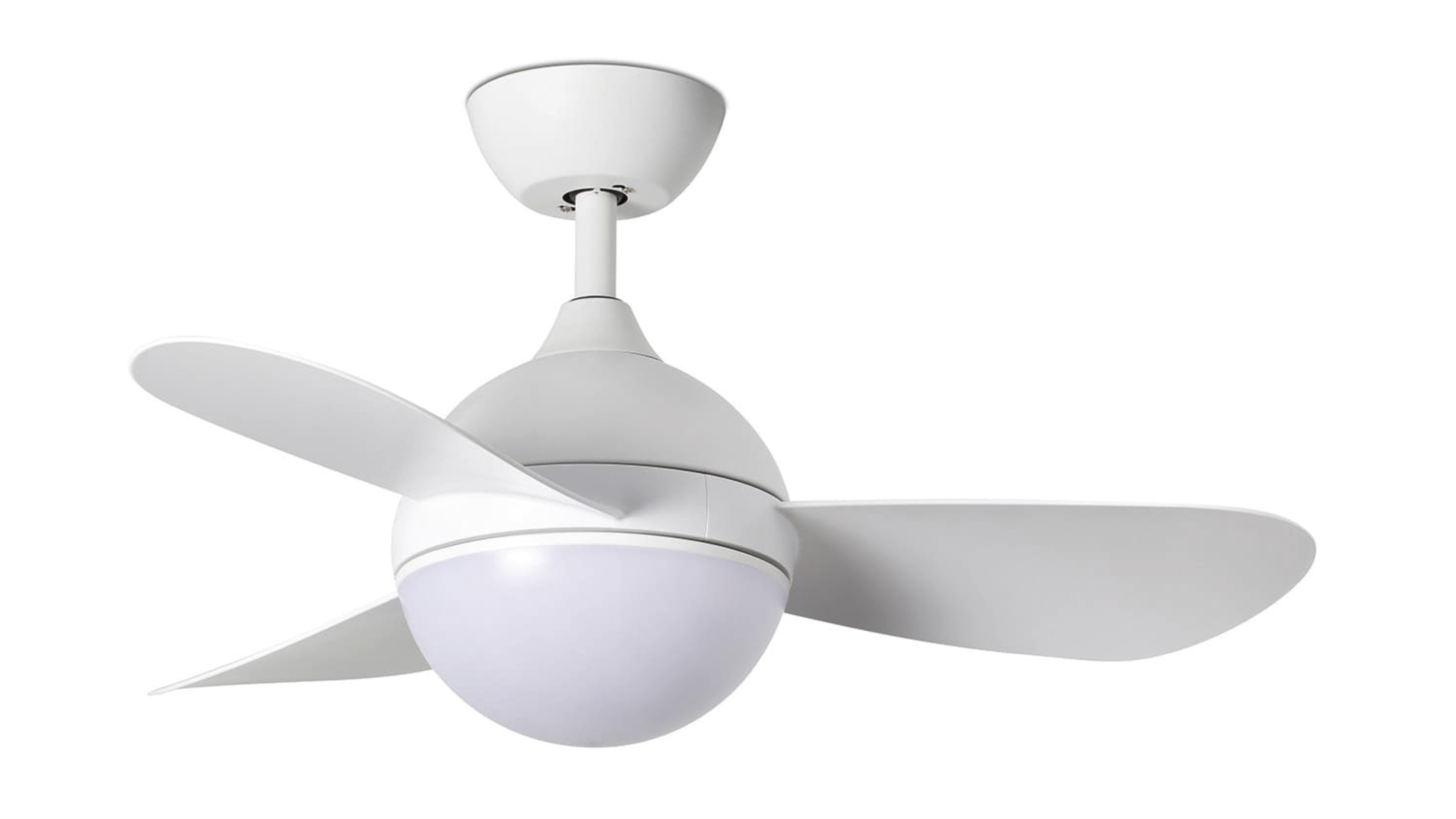 Ein weißer Deckenventilator mit zwei Flügeln und einem Licht.
