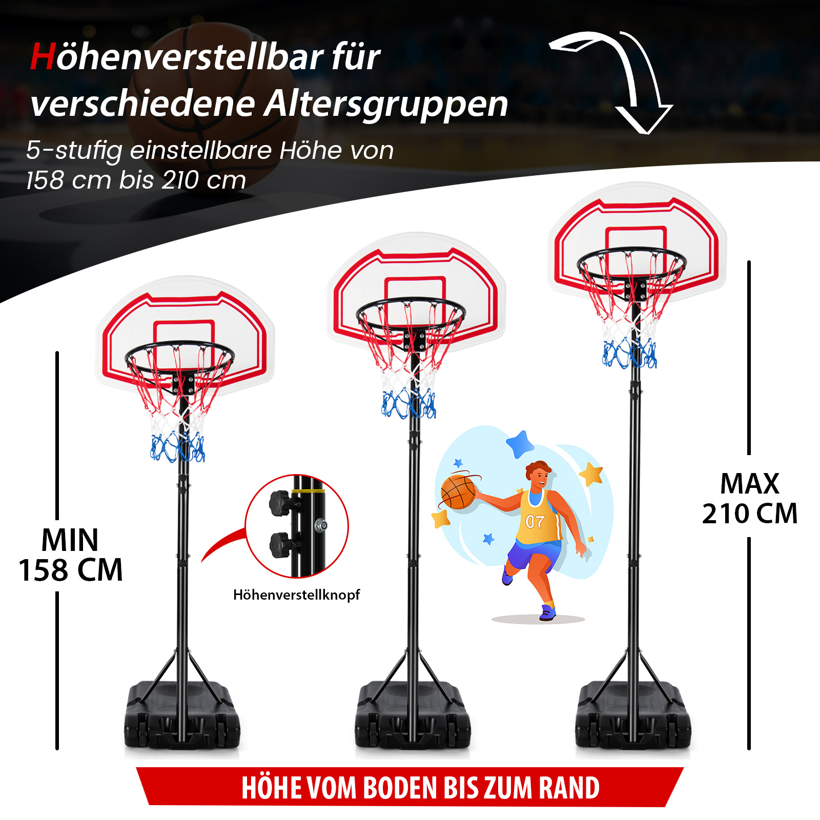 COSTWAY Basketballständer 158-210 cm höhenverstellbar Gartenspielzeug, Schwarz