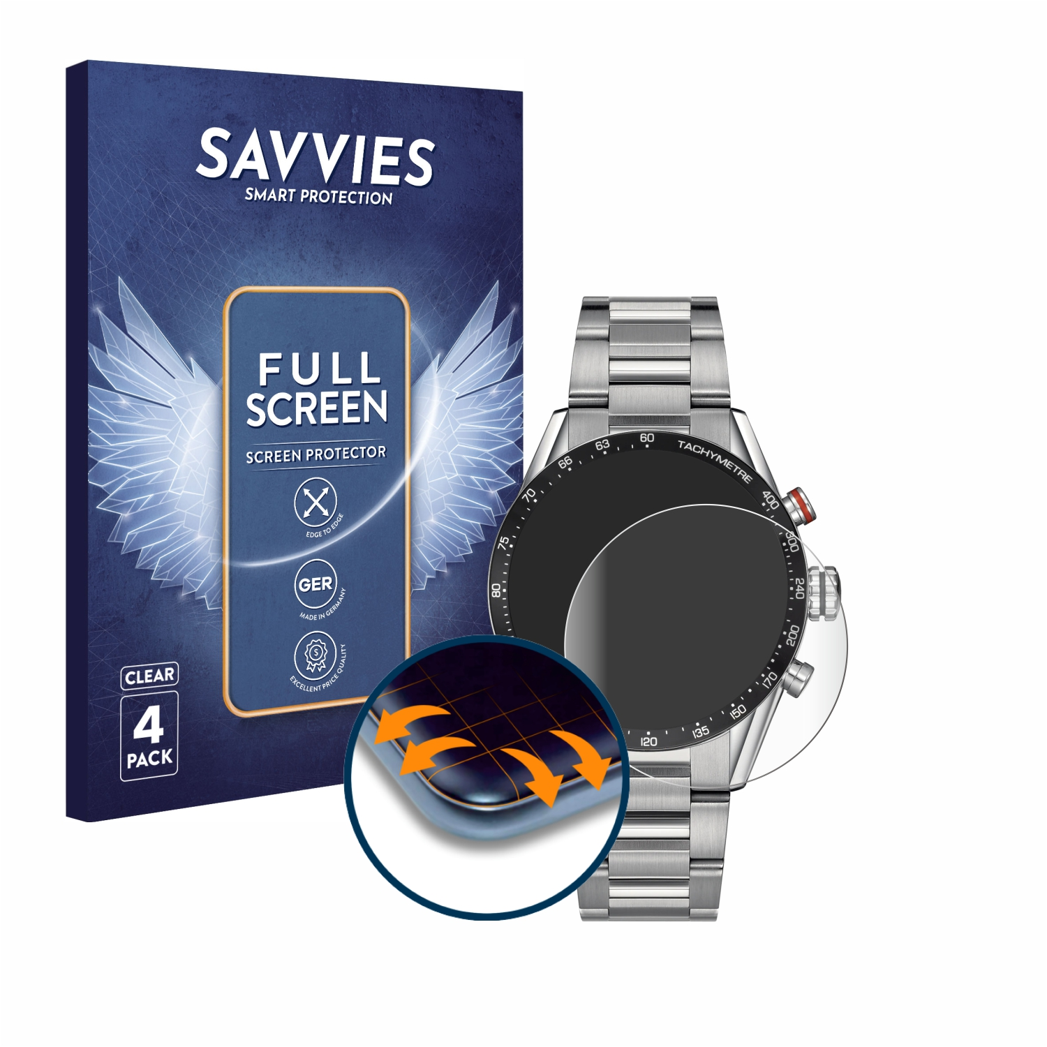 SAVVIES 4x Calibre 16) 3D Flex Full-Cover Schutzfolie(für Heuer Curved Carrera TAG