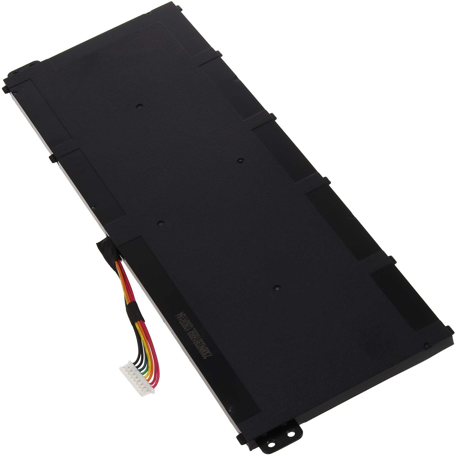 Schwarzer Laptop-Akku mit mehreren farbigen Drähten und einem weißen Stecker. Der Akku ist rechteckig.