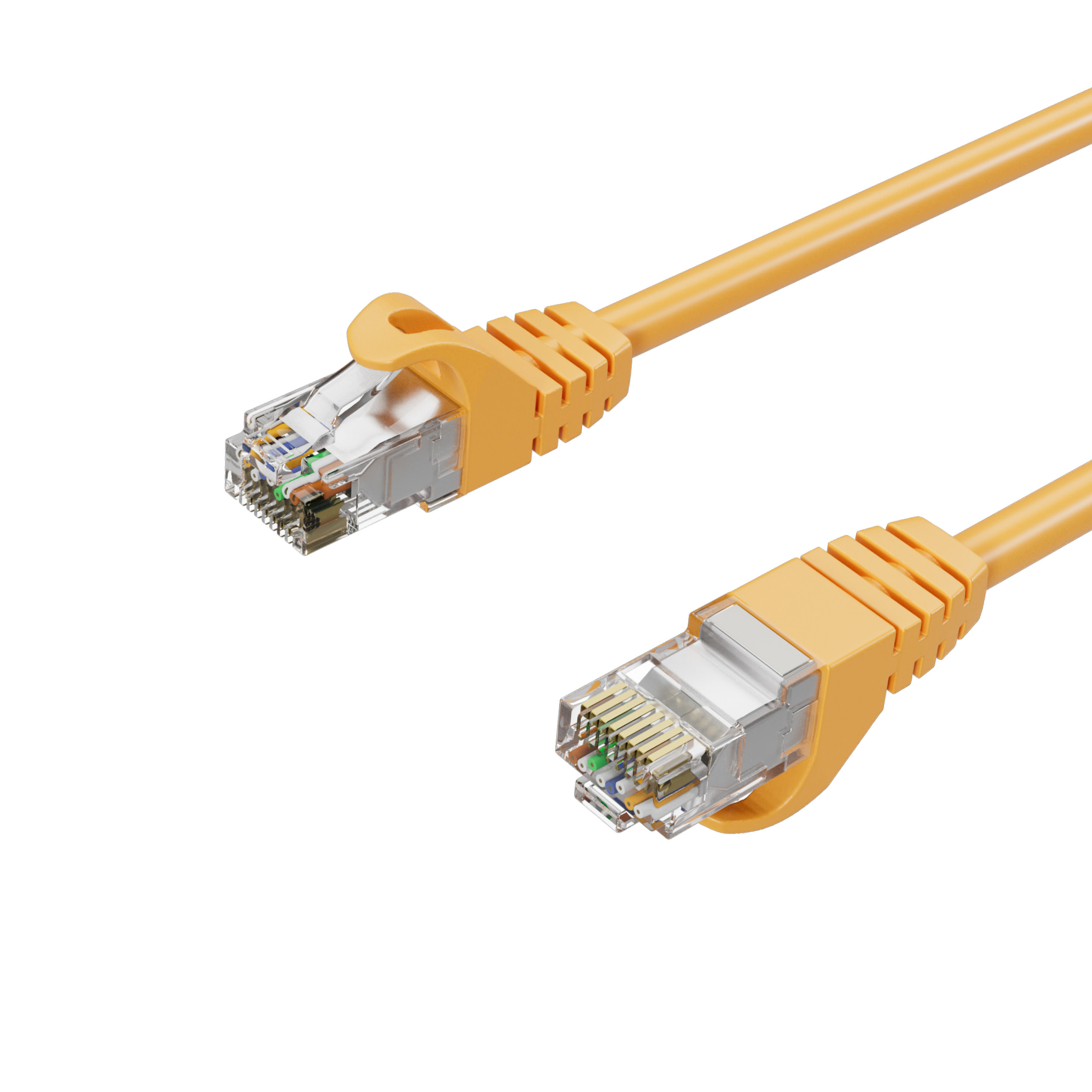 Zwei gelbe Ethernet-Kabel mit transparenten Steckern auf weißem Hintergrund.