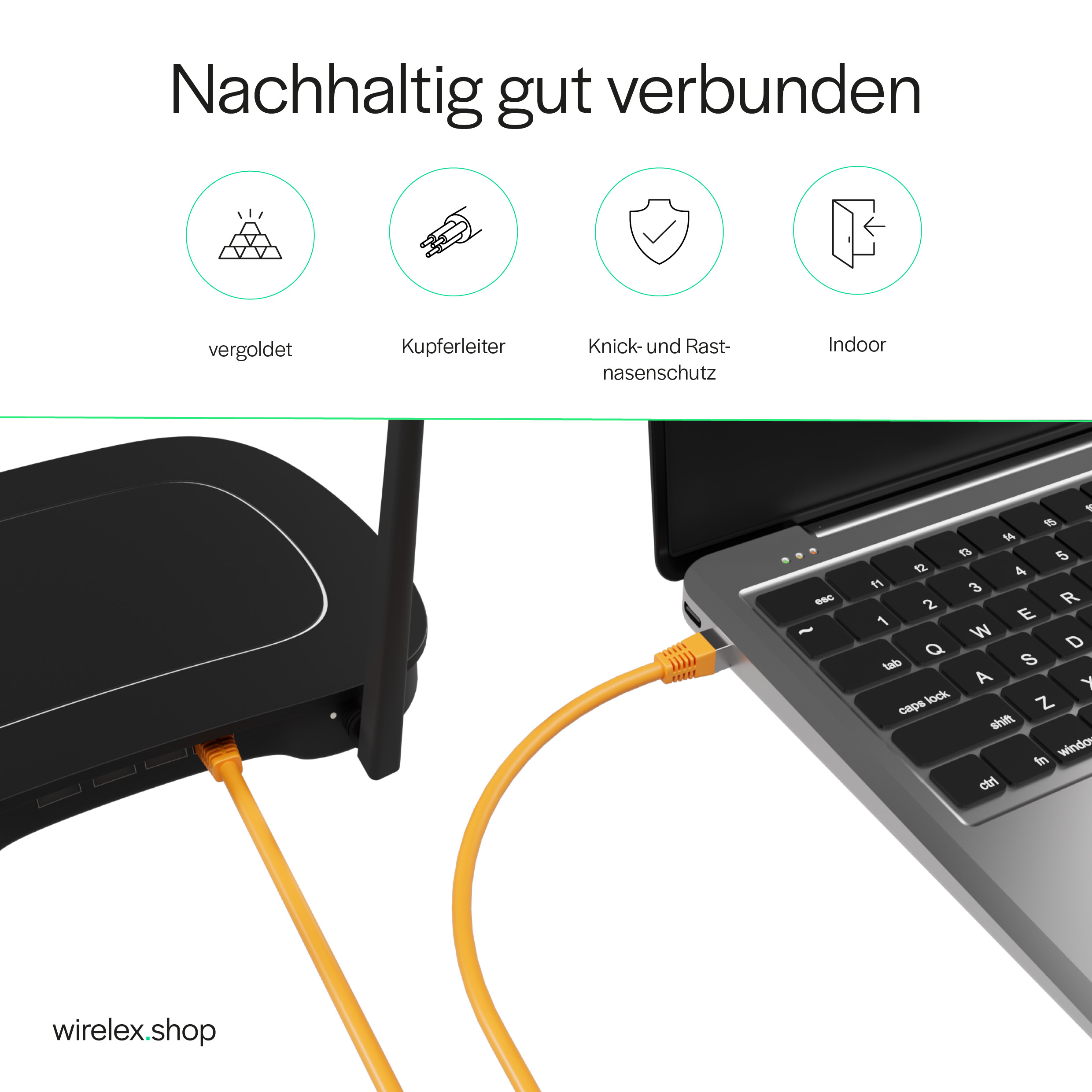 Ein Router mit einem Laptop, der über ein orangefarbenes Kabel verbunden ist. Text zeigt, dass das Produkt vergoldet ist.