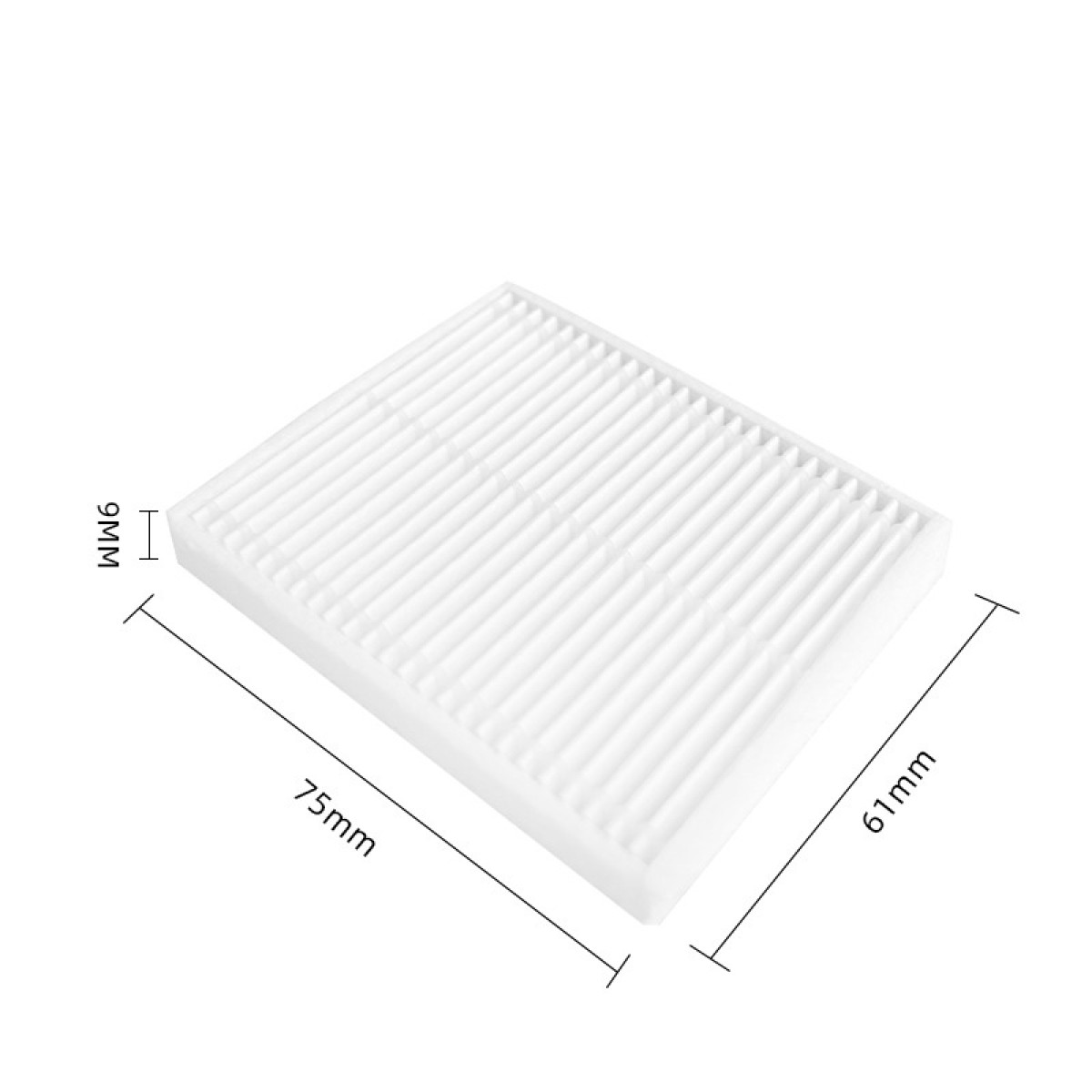 Biały filtr powietrza z wymiarami: 75 mm, 61 mm i grubość 9 mm, na białym tle.