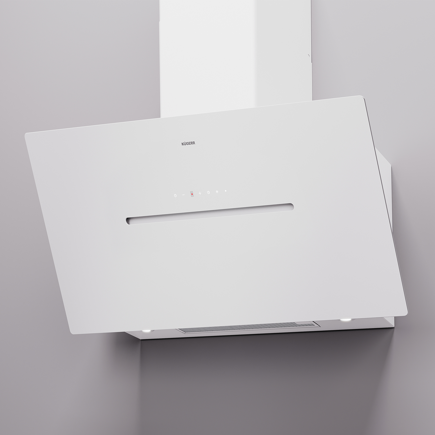 Weiße Küchen-Dunstabzugshaube mit schrägem Design. Sie ist an einer grauen Wand montiert.