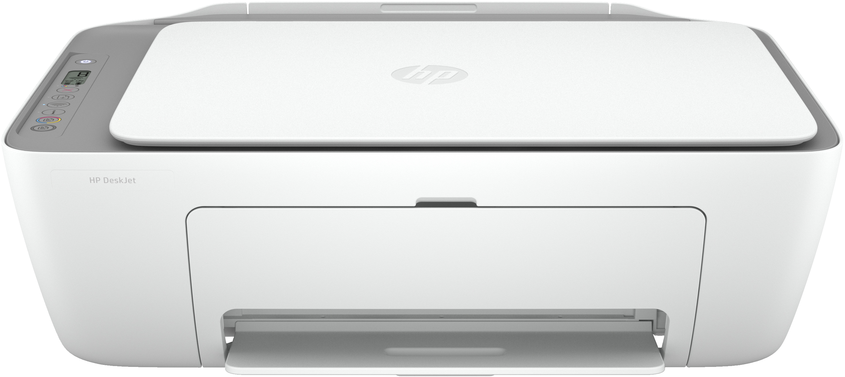 Stampante HP DeskJet bianca su sfondo bianco, che mostra la parte anteriore e superiore.