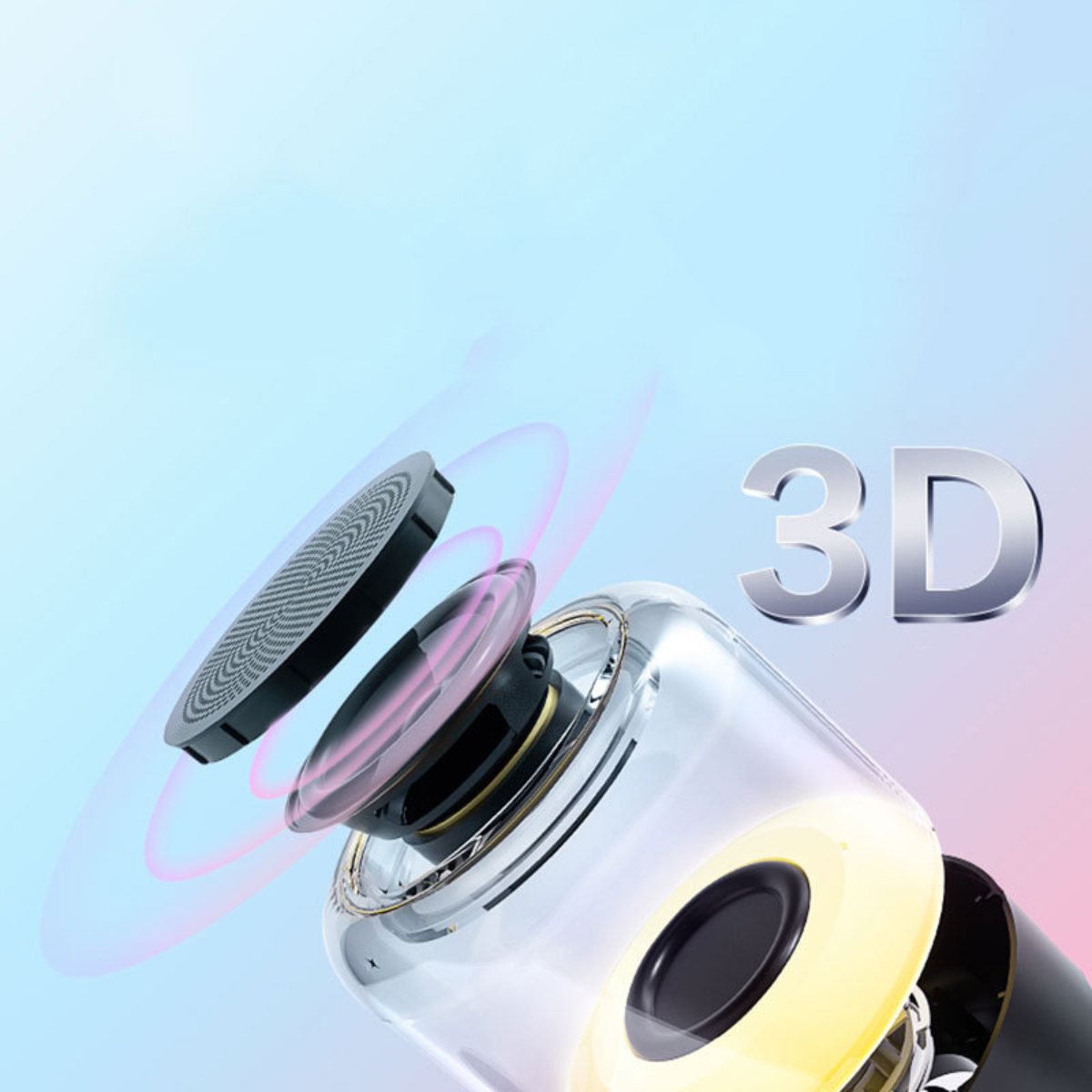 Ein durchsichtiger Lautsprecher mit 3D-Text. Der Lautsprecher hat einen schwarzen und gelben Sockel.