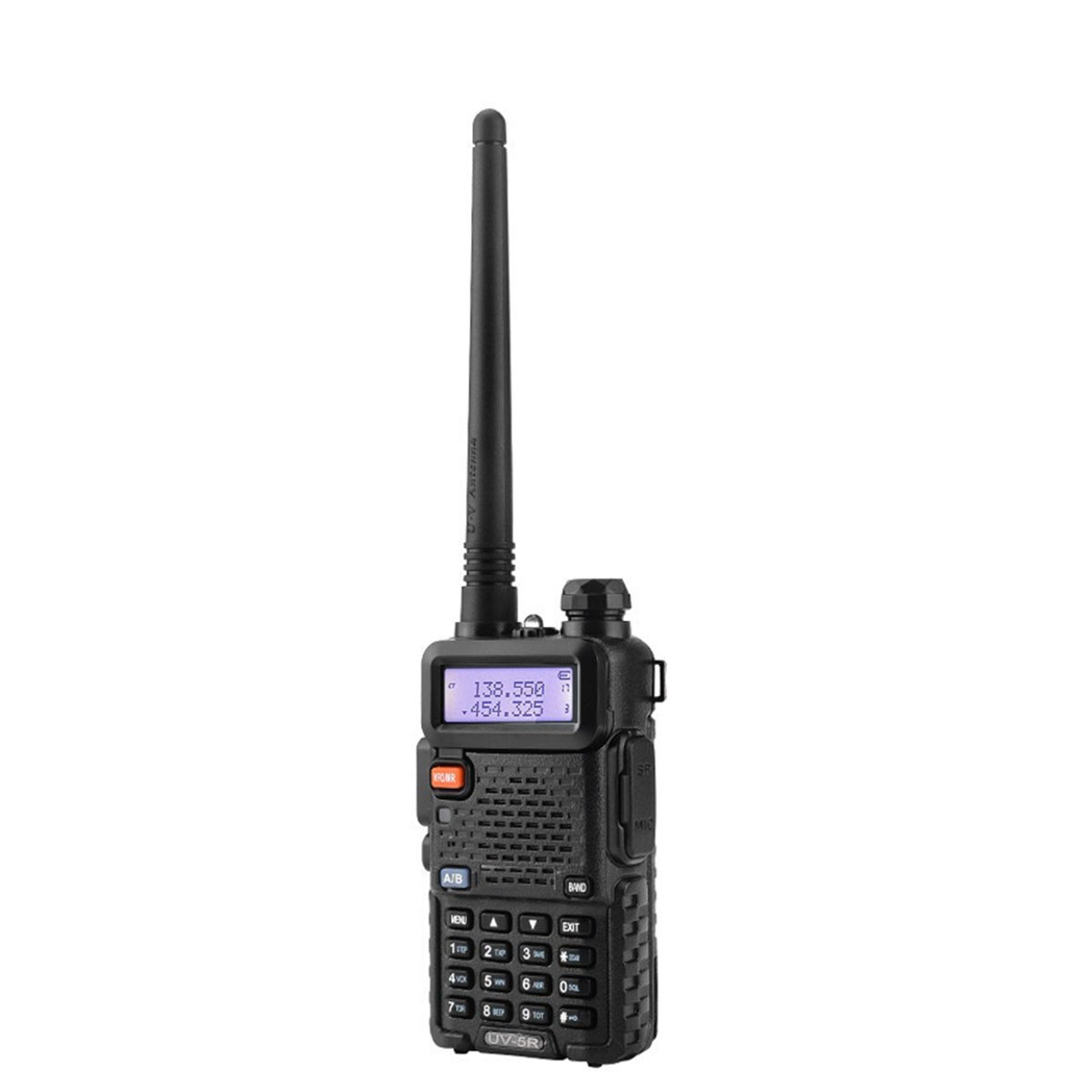 Ein schwarzes Funkgerät mit langer Antenne und einem Bildschirm mit Zahlen. Es hat eine Tastatur und Knöpfe.