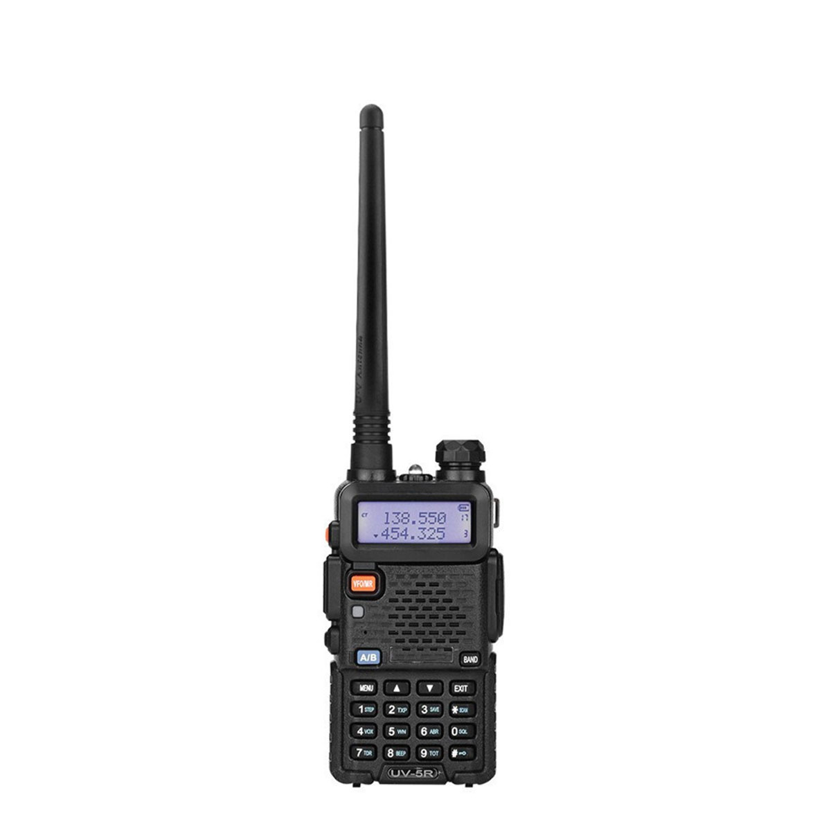 Ein schwarzes Handfunkgerät mit Antenne und kleinem Display.