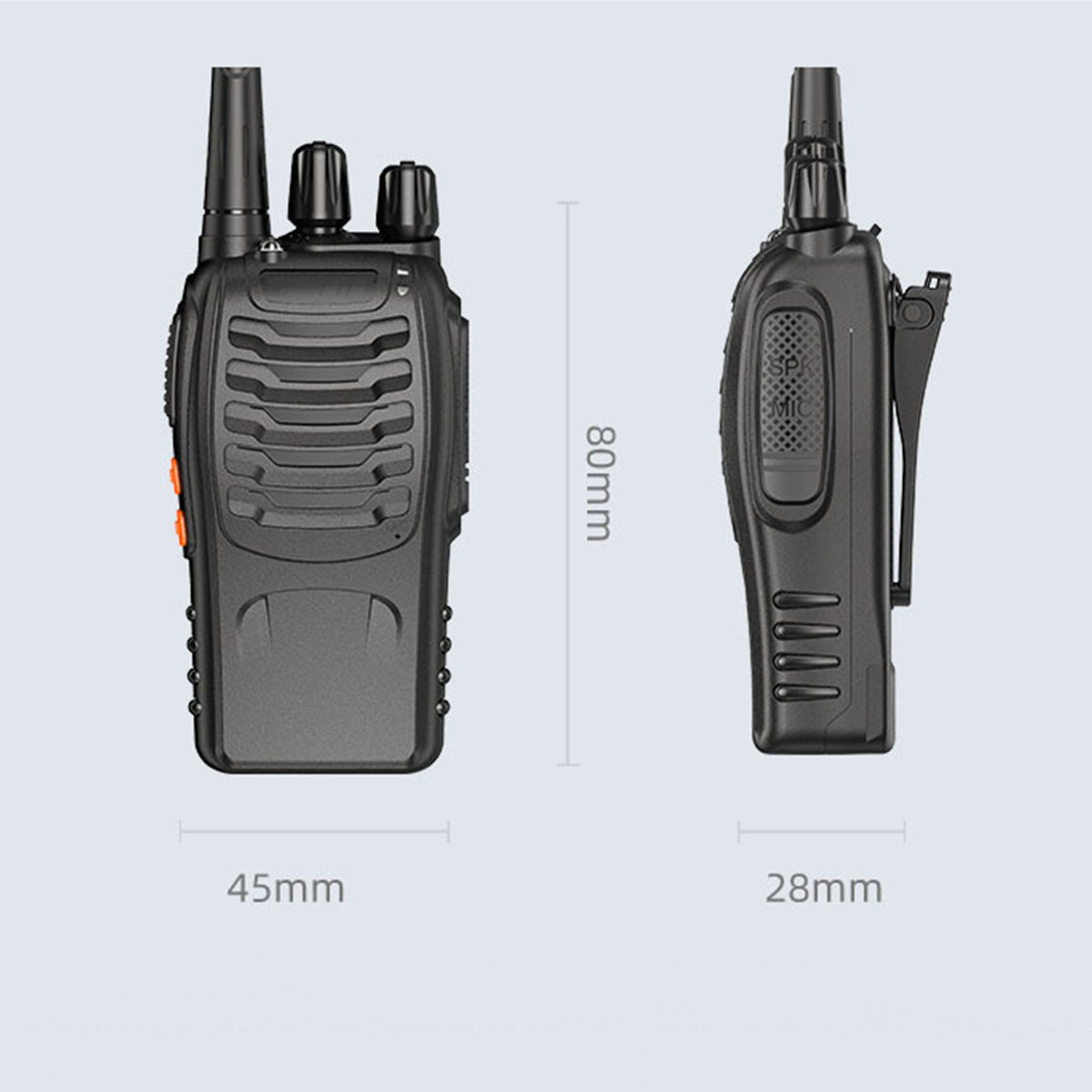Zwei Walkie-Talkies. Eine Seitenansicht und eine Vorderansicht, mit Maßangaben und orangefarbenen Tasten.