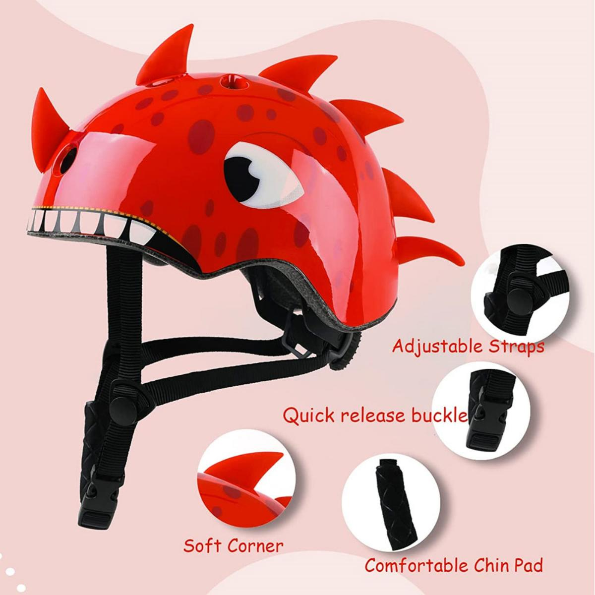 Ein roter Helm in Dinosaurierform mit Riemen und einem Schnellverschluss.