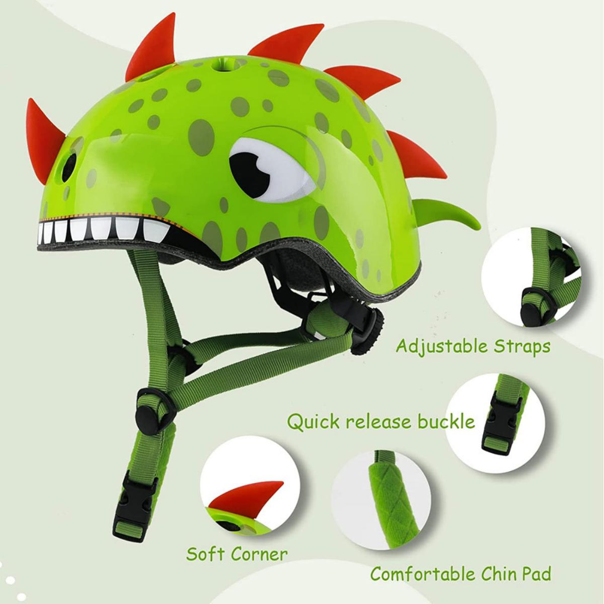 Grüner Dinosaurierhelm mit roten Hörnern, verstellbaren Gurten und Schnalle.
