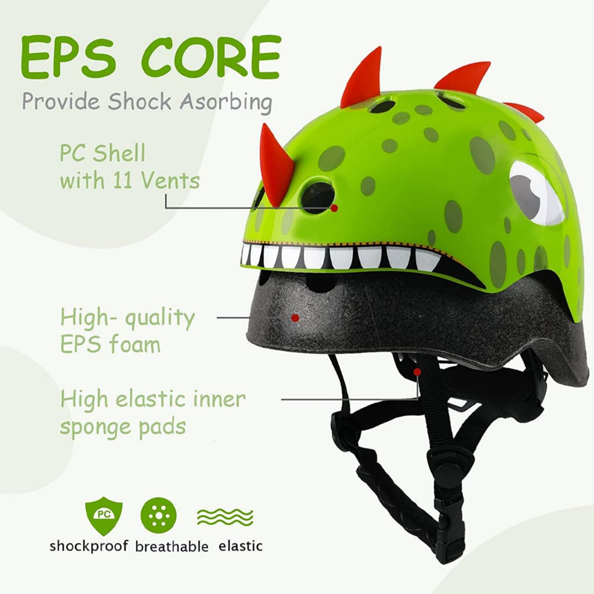 Ein grüner und schwarzer Helm mit roten Stacheln, beschriftet mit EPS CORE, mit Text und Diagrammen.