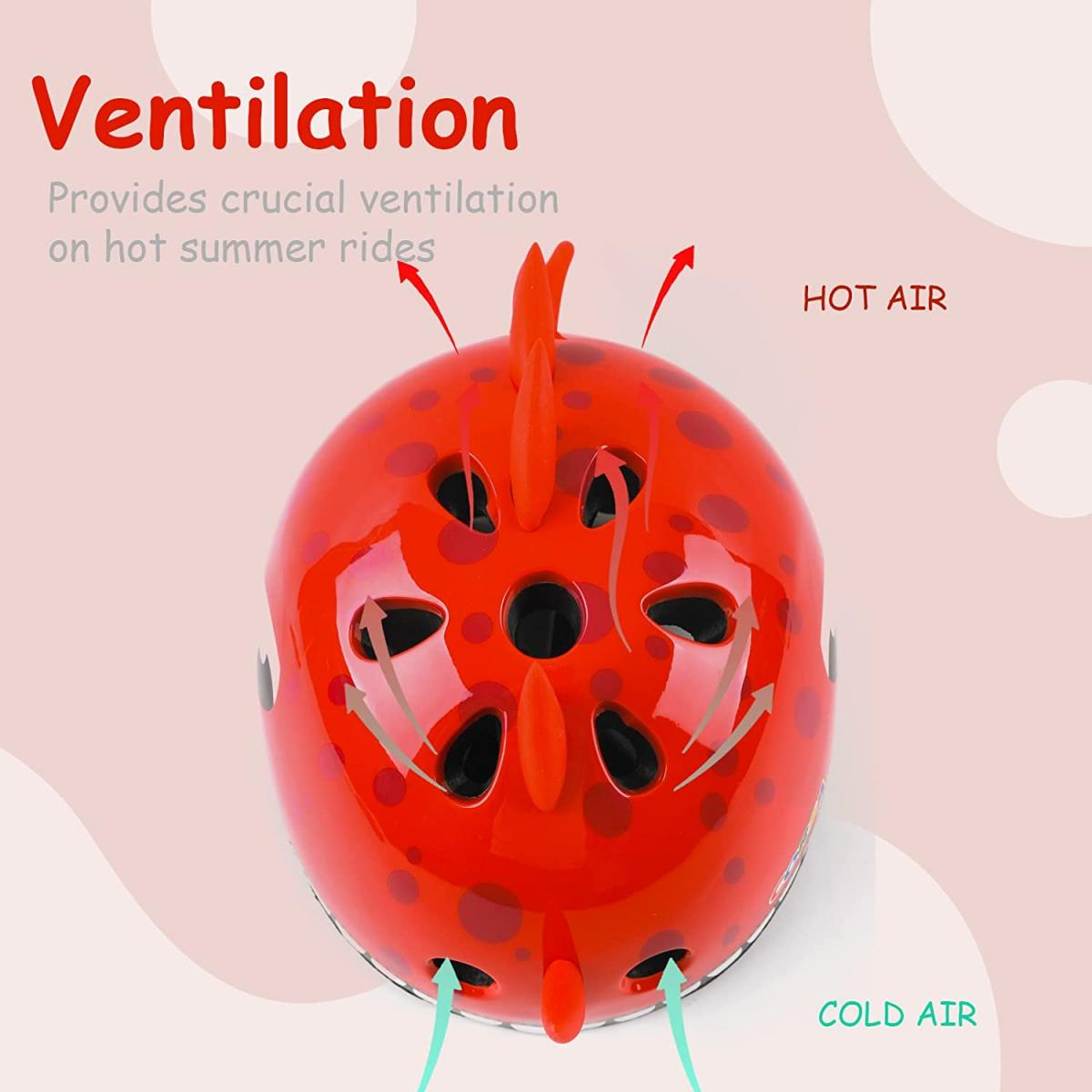 Ein roter Marienkäferhelm mit Belüftungslöchern, Pfeile zeigen die Luftstromrichtung.