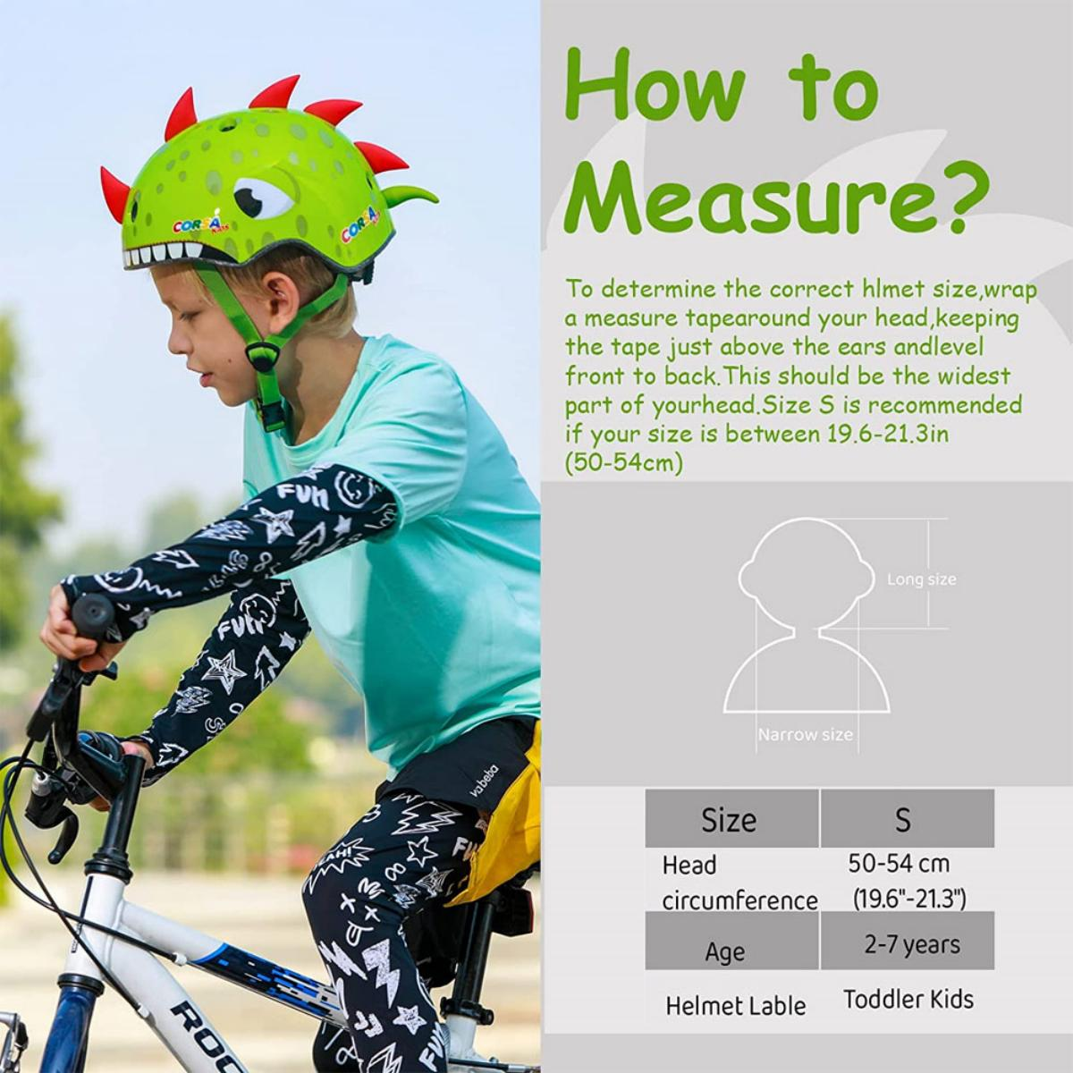 Ein Kind mit einem Dinosaurierhelm fährt Fahrrad. Maße für einen Helm werden angezeigt.