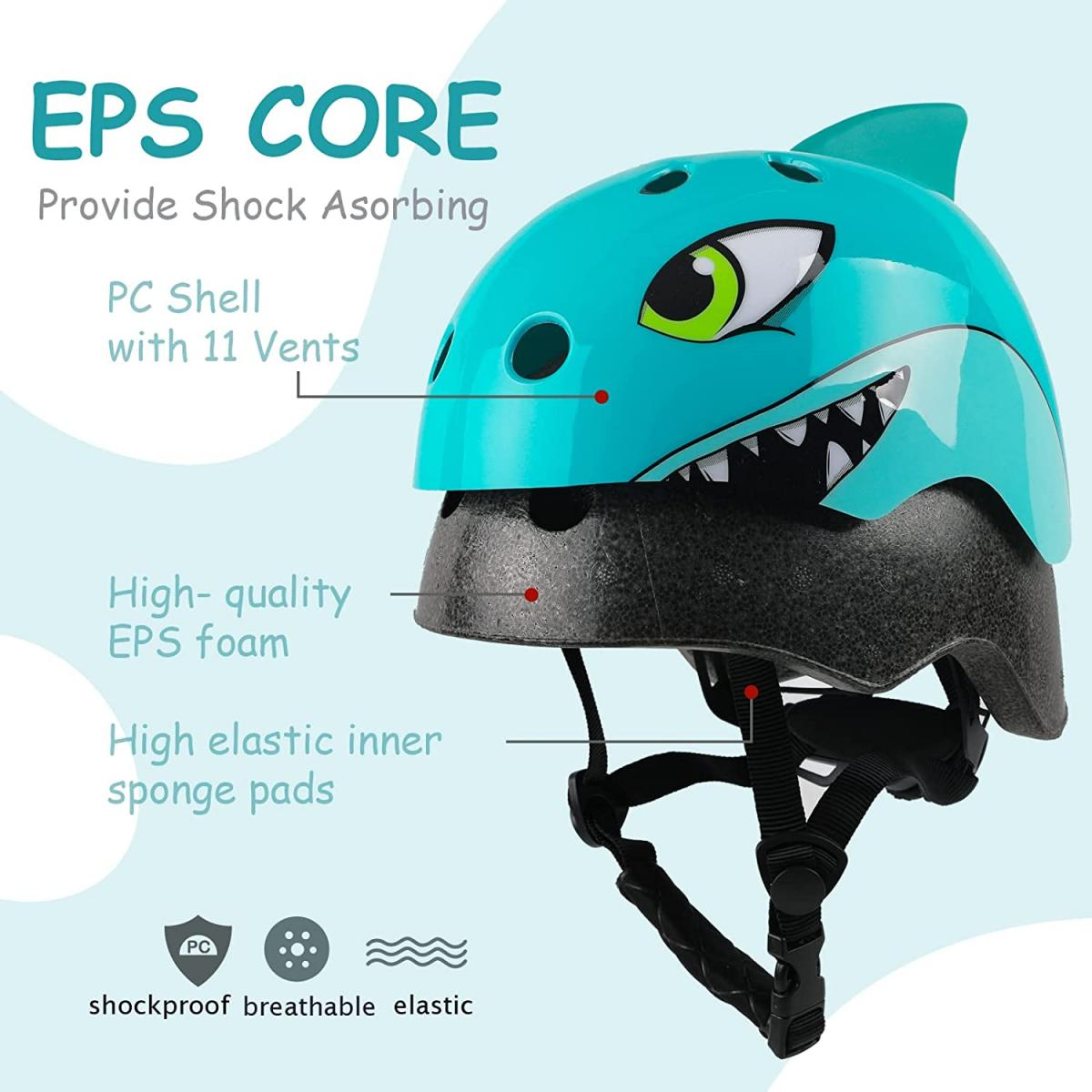 Ein blauer Helm im Hai-Design mit Text, der die EPS-Kern- und PC-Shell-Eigenschaften beschreibt.