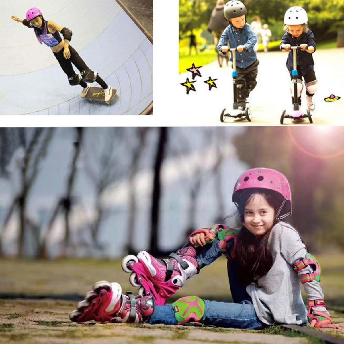 Ein Mädchen auf Rollschuhen, zwei Kinder auf Rollern und ein Skater im Skatepark.
