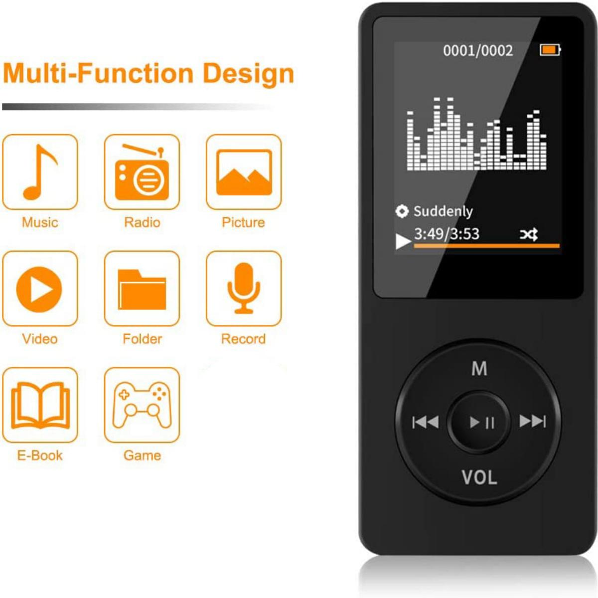 Schwarzer MP3-Player mit Bildschirm, der Musikinfos anzeigt. Symbole für Musik, Radio, Bild, Video, Ordner, Aufnahme, E-Book und Spiel.