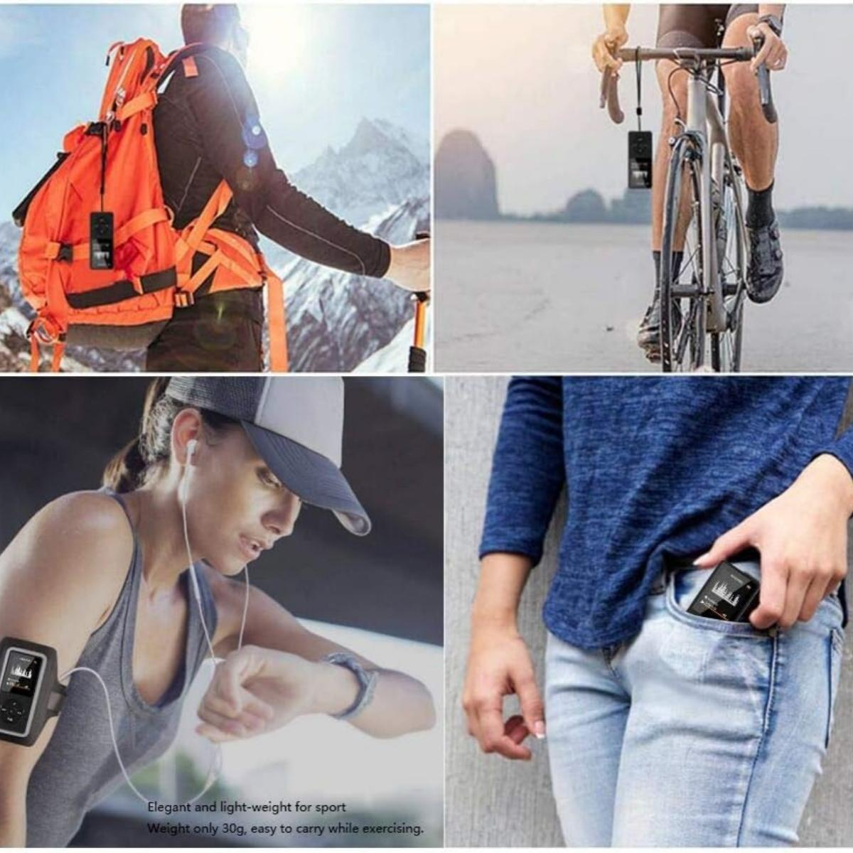 Vier Bilder zeigen die Verwendung eines tragbaren Musikplayers für Sport und Freizeit.