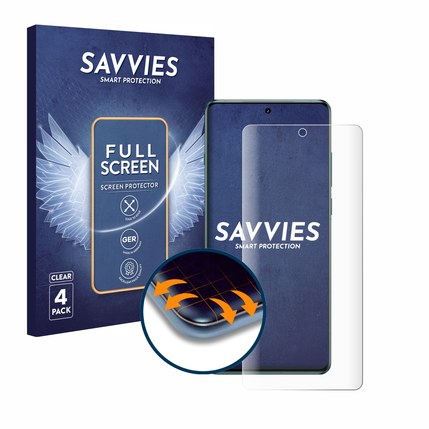 Smartphone mit Displayschutzfolie und Verpackung. Nahaufnahme des Schutzes.