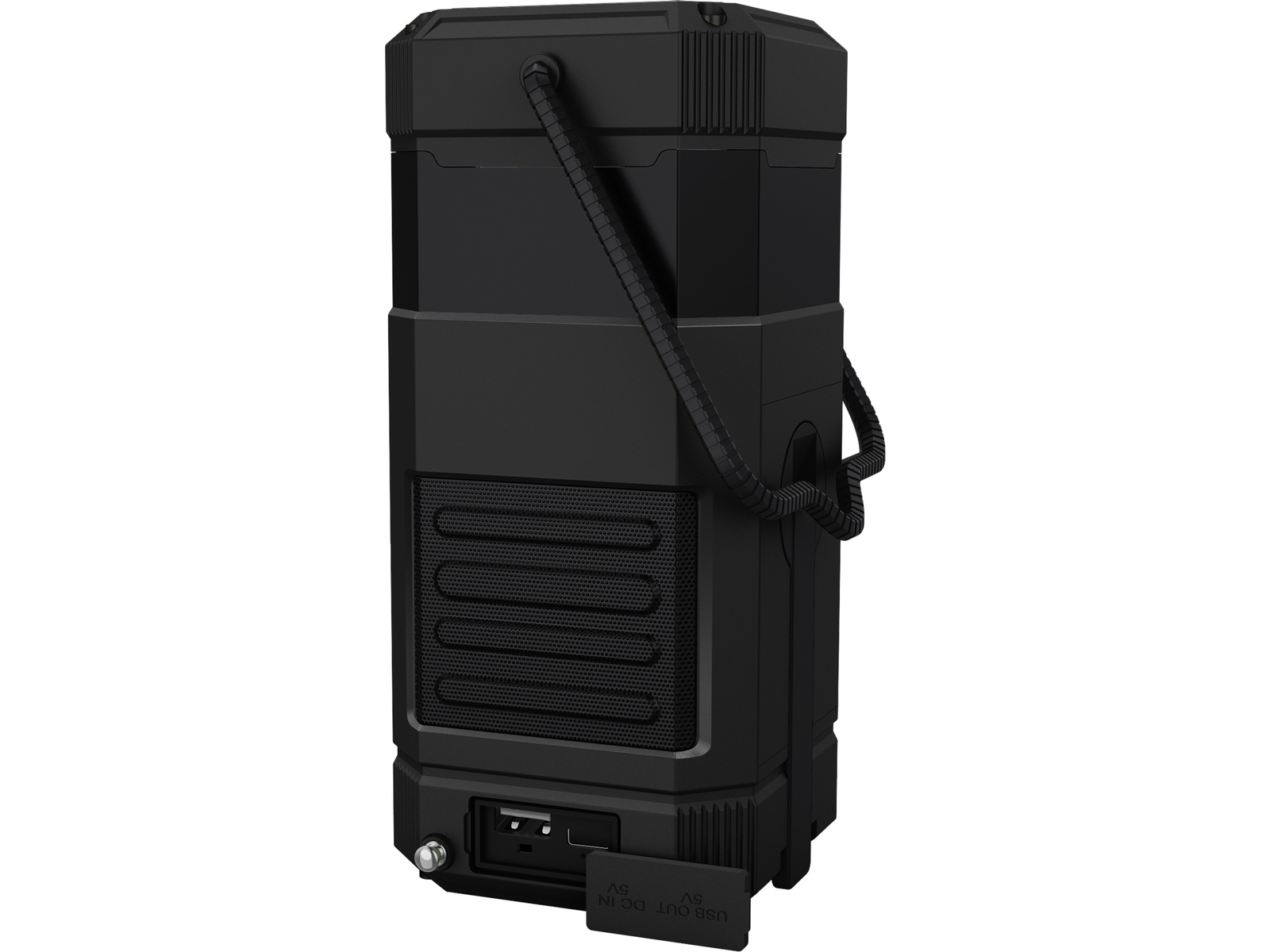 Haut-parleur noir avec poignée. Ports USB et DC IN visibles.