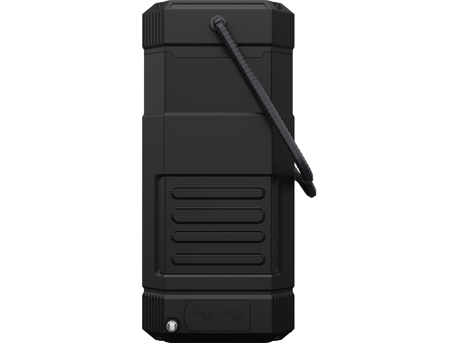 Haut-parleur noir. Ports USB et DC IN visibles.