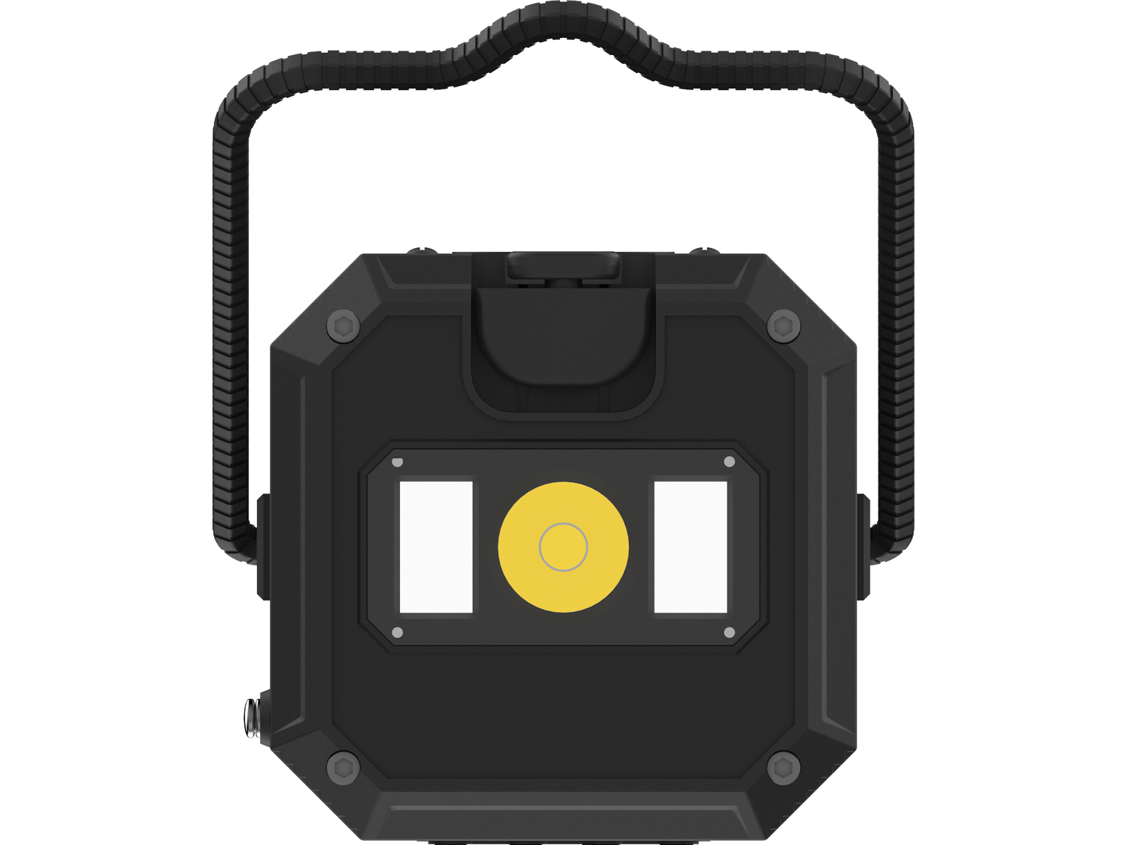 Lumière portable noire avec poignée et deux ouvertures rectangulaires. Vue de dessus.