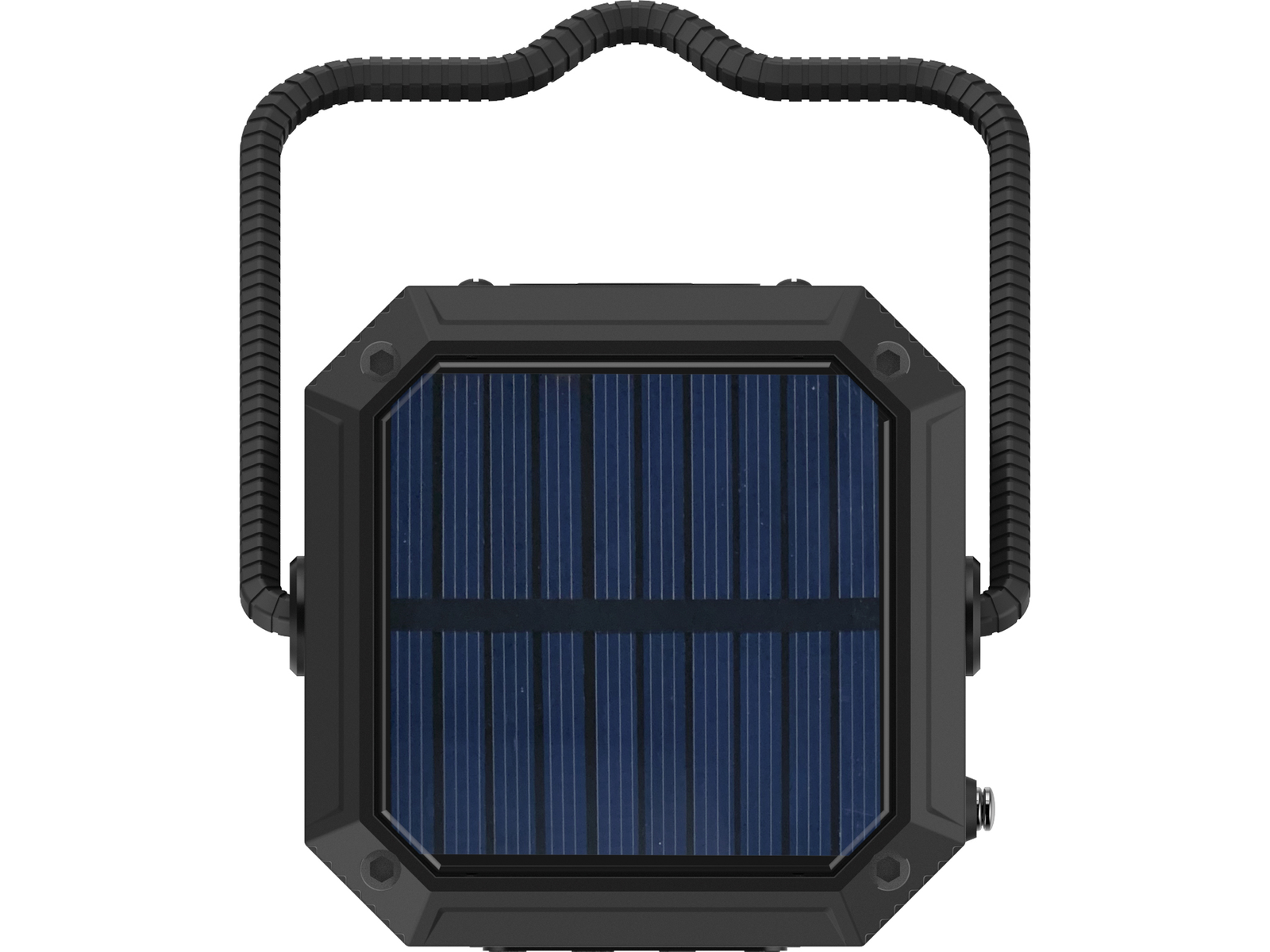Haut-parleur noir avec panneau solaire et poignée.