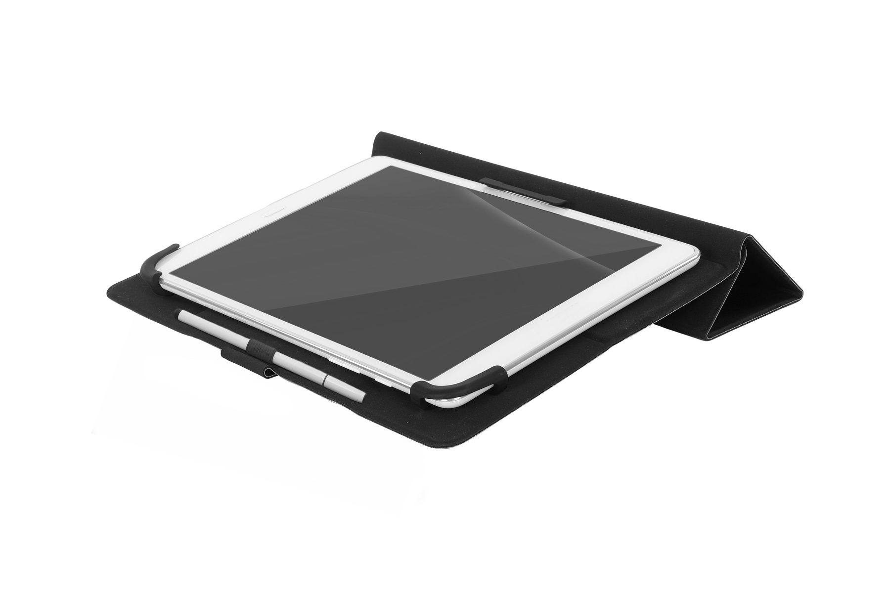 Tableta en funda negra, con un lápiz. La funda está abierta y en ángulo.
