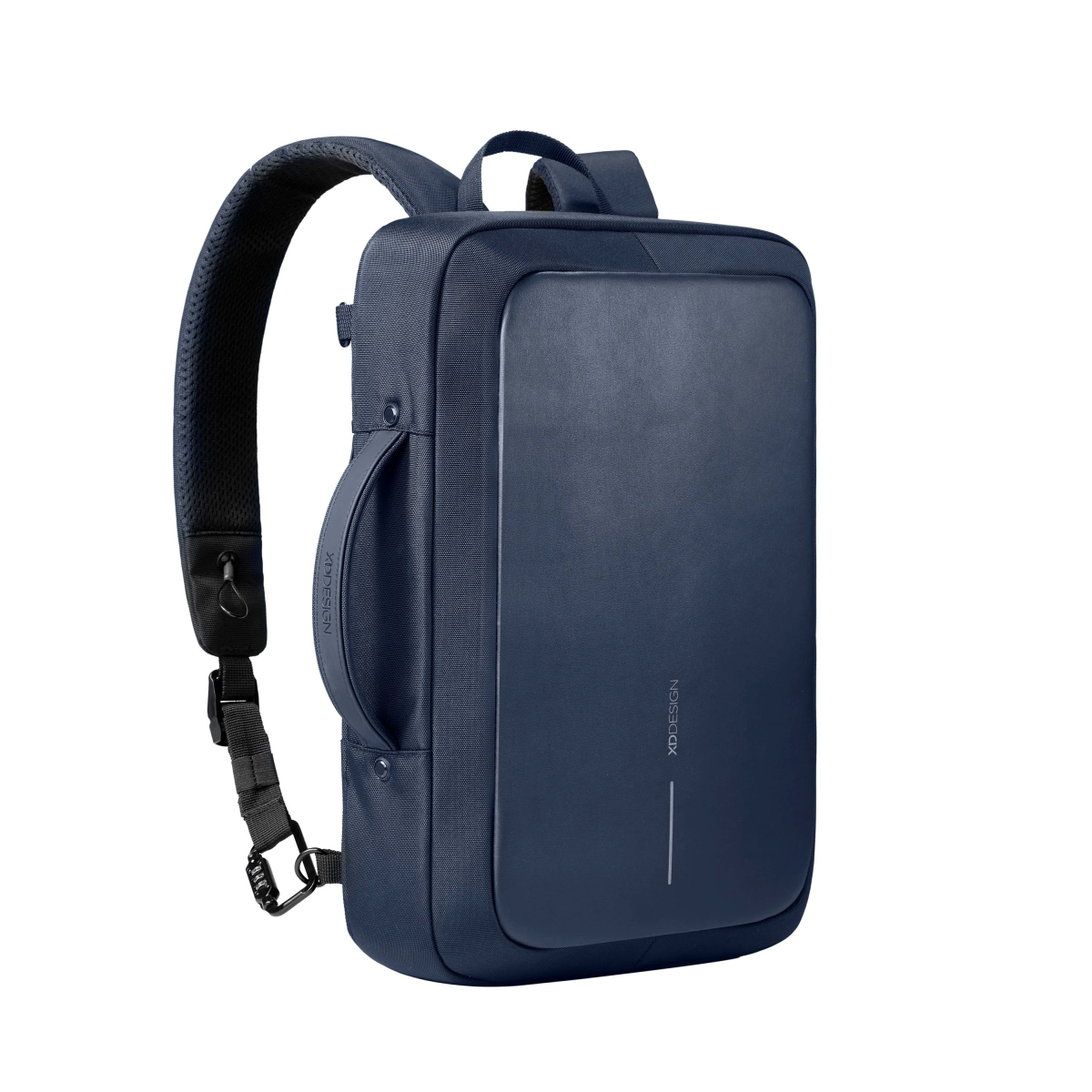Blauer Rucksack, Seitenansicht. Griff und Riemen. Xd-Design-Etikett.