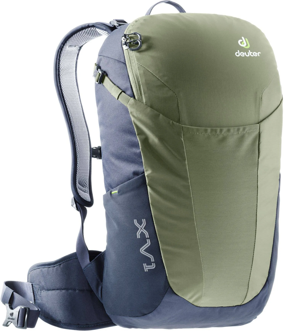 Grüner und blauer Rucksack. Seitenansicht, mit Riemen und Logo.