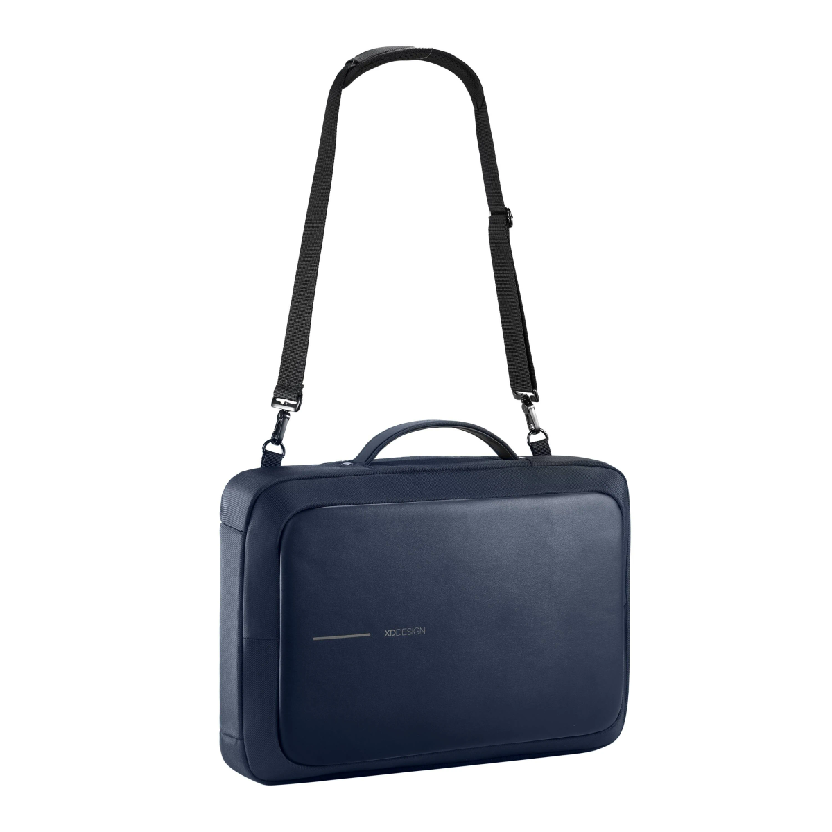 Marineblaue Aktentasche mit Schultergurt. Minimalistisches Design mit Logo und Griff.