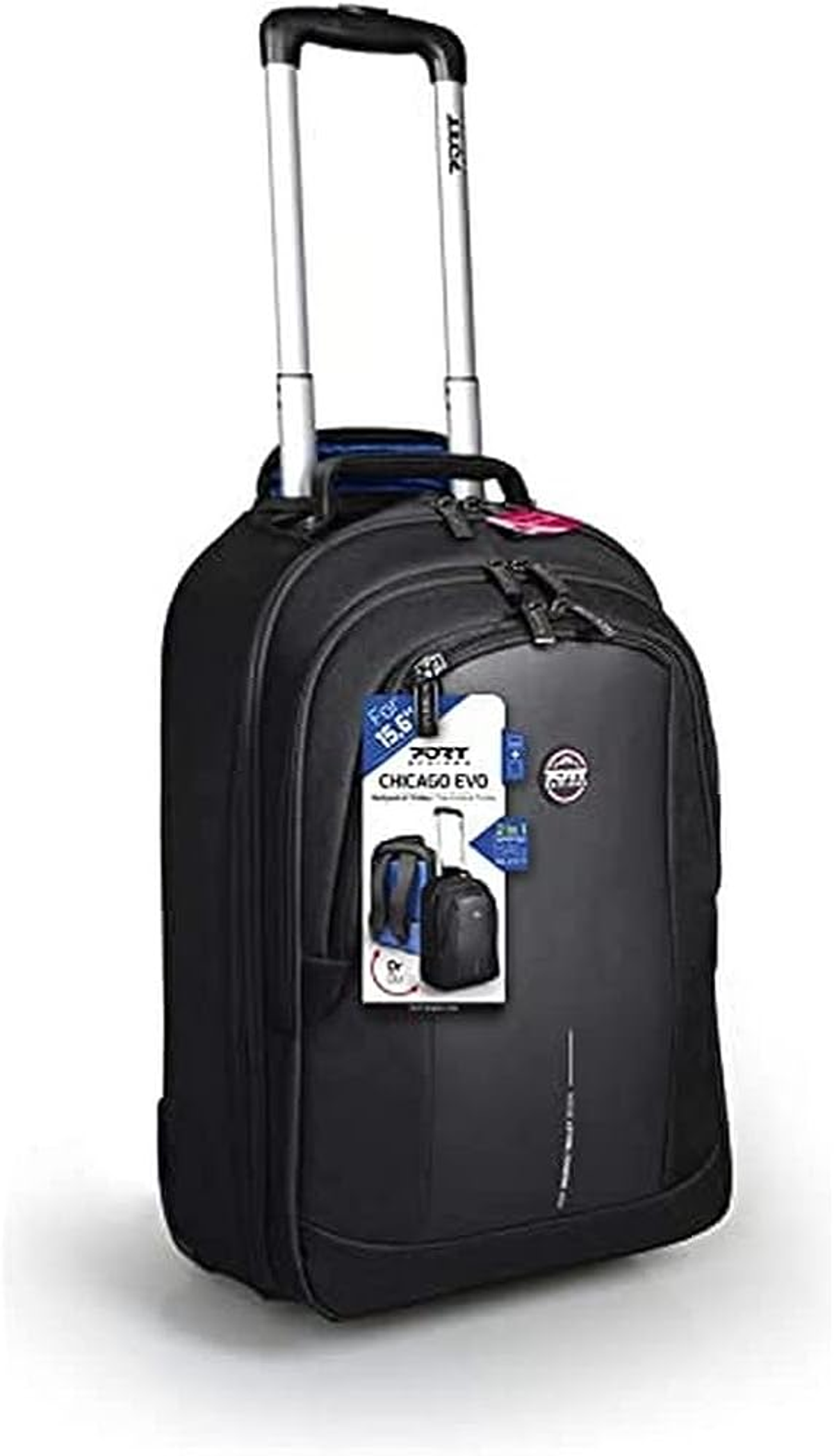 Ein schwarzer Rollrucksack mit hochgezogenem Griff. Das Etikett sagt 15,6 Chicago EVO.
