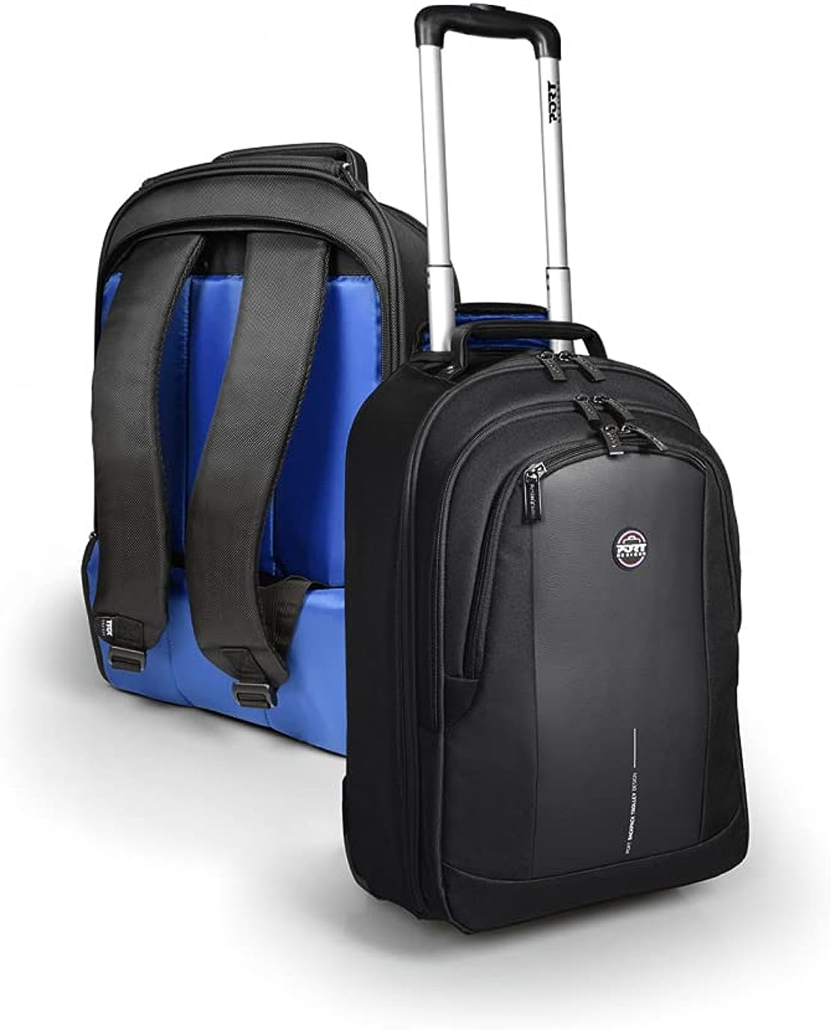 Ein schwarzer Rollrucksack auf der rechten Seite und ein blauer Rucksack auf der linken Seite.