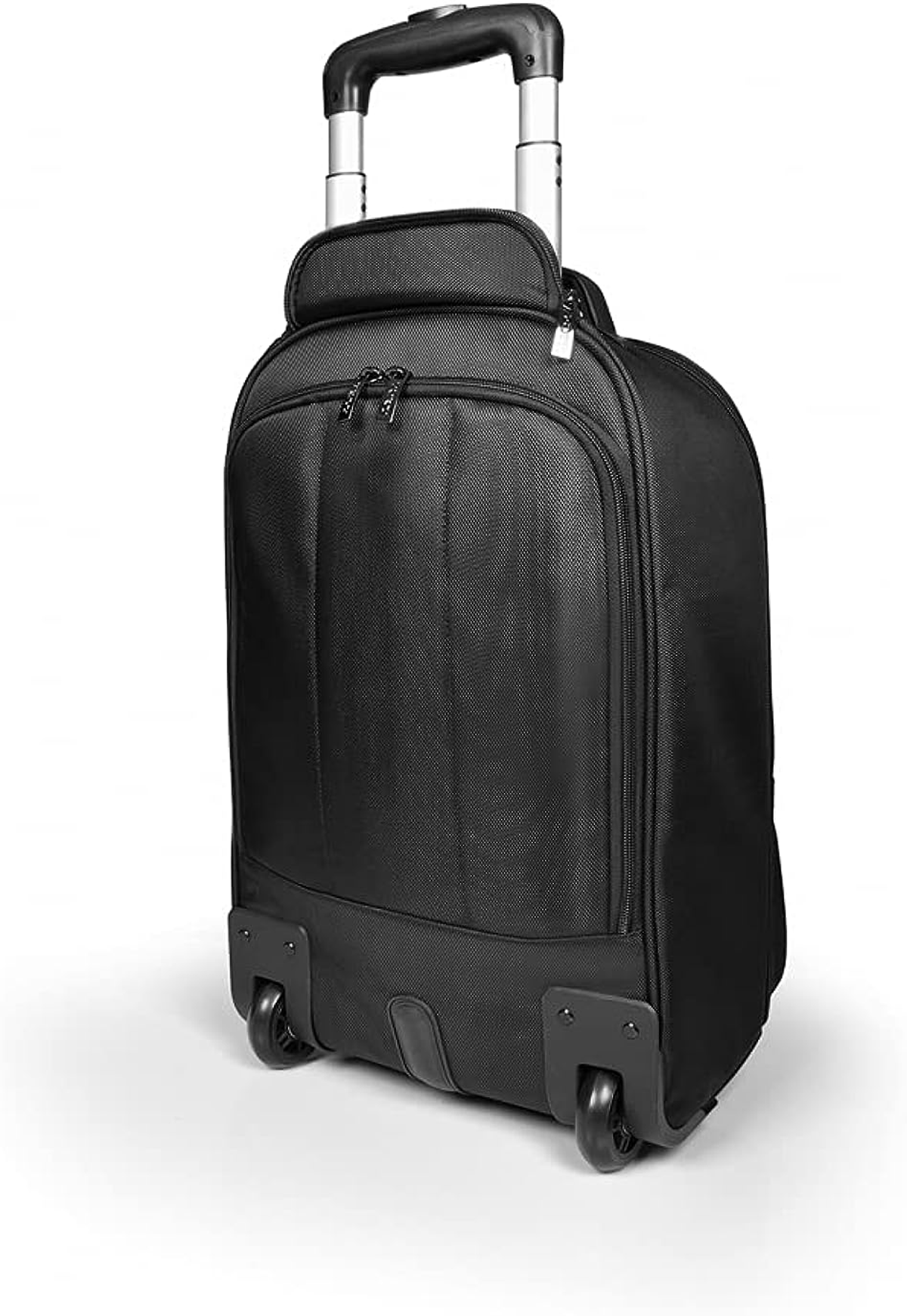 Ein schwarzer Rollrucksack mit hochgezogenem Griff. Die Räder sind sichtbar.