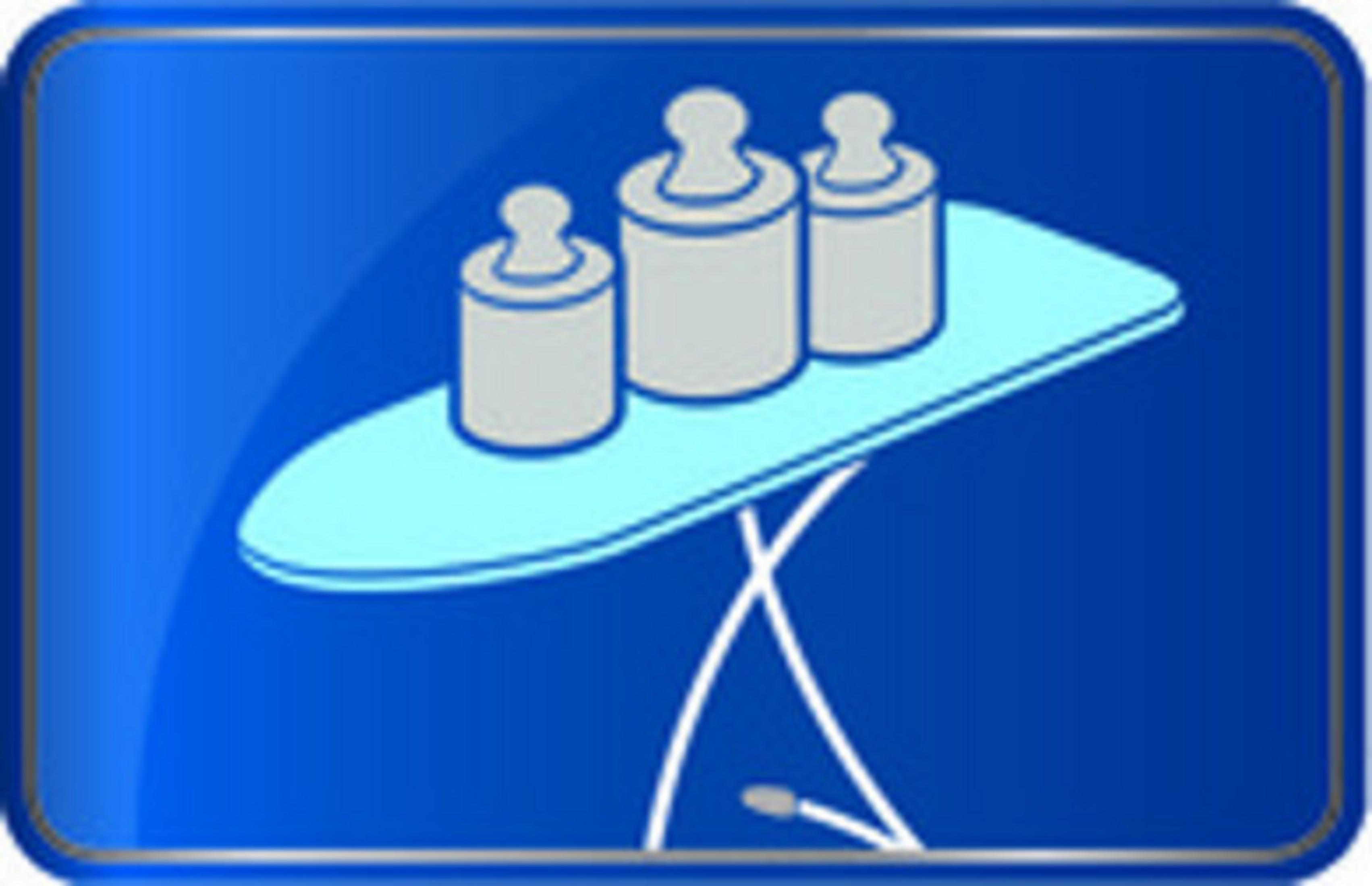 Symbol eines Bügelbretts mit Gewichten darauf. Der Hintergrund ist blau.