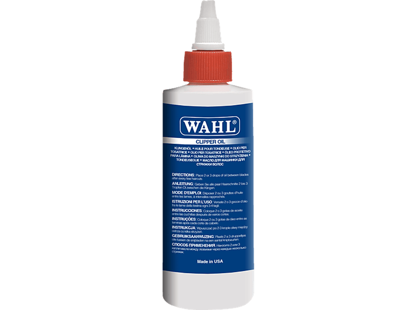 Una botella de aceite para cortapelos Wahl. Etiqueta azul, botella blanca y tapa roja. Contiene aceite para lubricación.