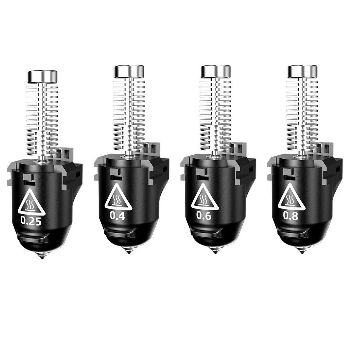 Cztery czarne dysze do drukarki 3D w różnych rozmiarach (0.25, 0.4, 0.6, 0.8) i znaki ostrzegawcze.