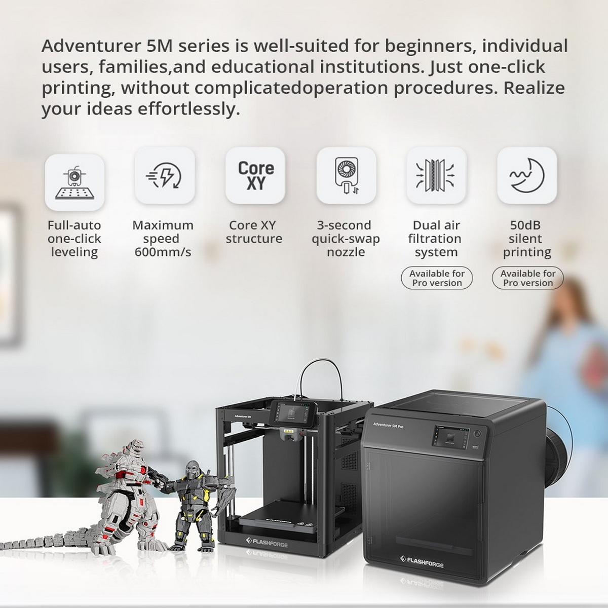 Drukarki 3D z tekstem opisującym funkcje, takie jak drukowanie jednym kliknięciem, ciche drukowanie i filtrowanie.