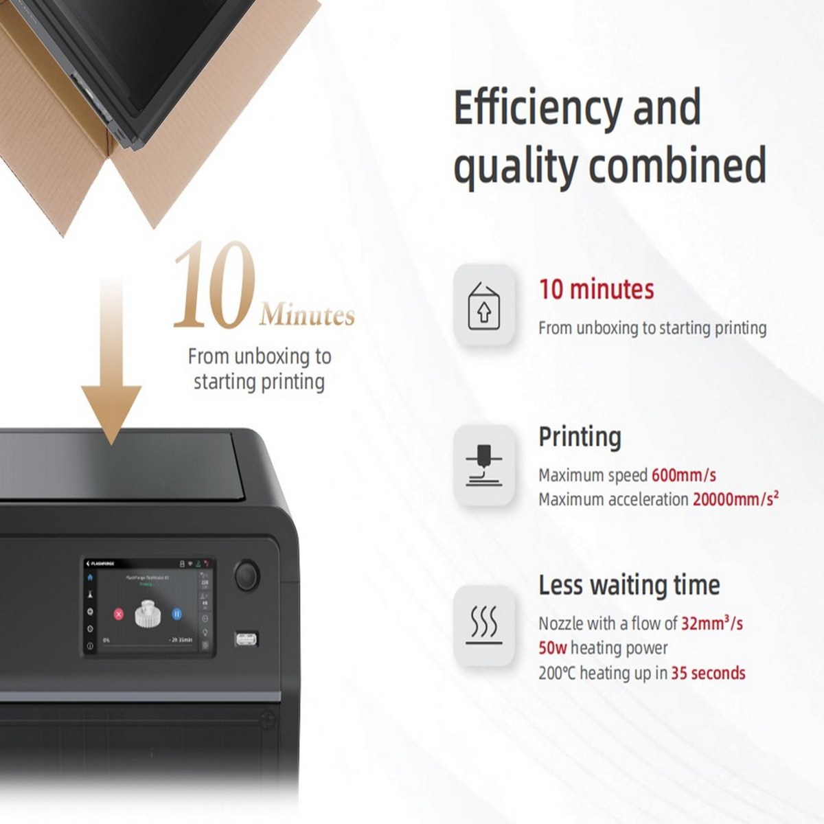 Czarna drukarka z opisem jej funkcji i prędkości drukowania. Białe tło.