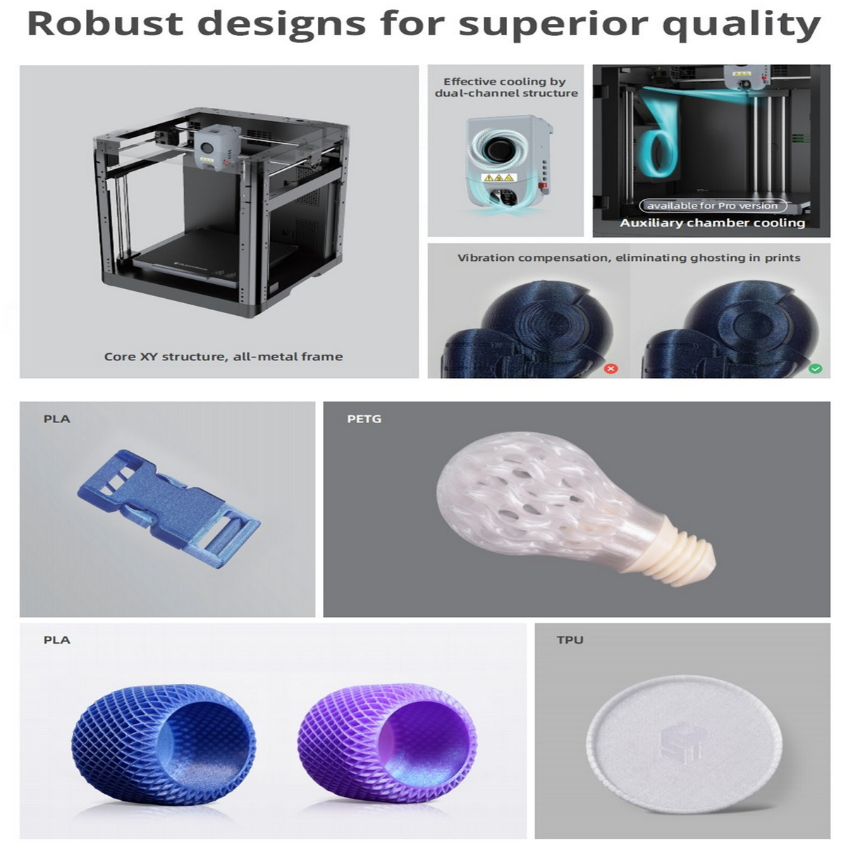 Różne przykłady i komponenty druku 3D, pokazujące proces i użyte materiały.