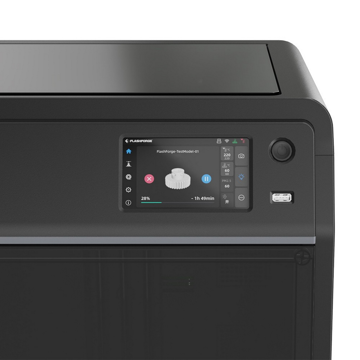Schwarzer 3D-Drucker mit einem Display, das ein gedrucktes Zahnrad zeigt. Weißer Hintergrund.